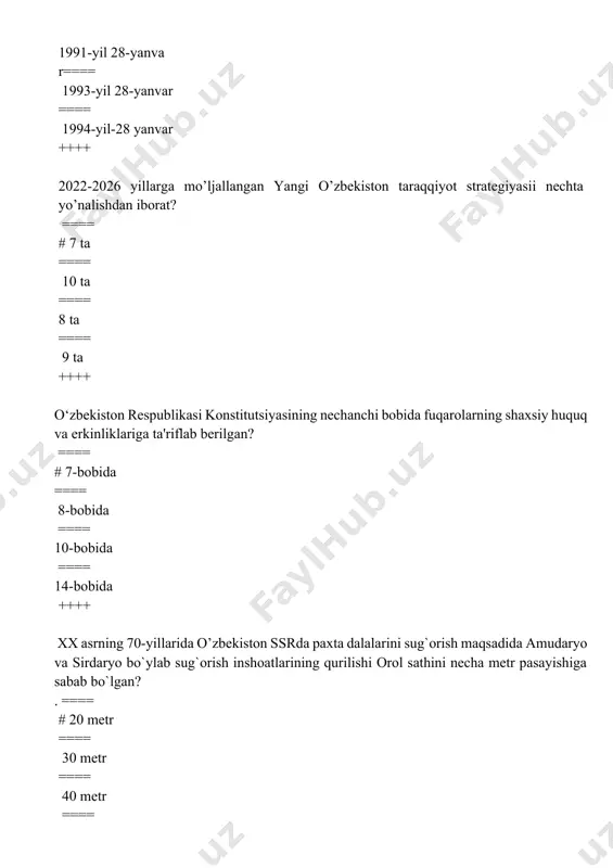 harof rashidov ==== rafiq nishonov ++++ o`zbekistonning shanxay hamkorlik tashkilotining rasmiy tili qaysi? ==== # rus va xitoy ==== xitoy va ingliz ==== o’zbek, hind va fors ==== rus, fors va xiyoy ++++ qachon o‘zbekiston respublikasi prezidenti farmoni bilan “zulfiya” nomidagi davlat mukofoti ta’sis etildi? ==== # 1999- yil 10- iyun ==== 1996-yil 26- aprel ==== 1995- yil 22- dekabr ==== 1995- yil may ++++ 1997-yil martda qabul qilingan hukumat qaroriga asosan o'tkazilayotgan xalqaro musiqa festivalini aniqlang ==== # “sharq taronalari” ==== asrlar sadosi ==== “boqiy ovozlar” ==== “ofarin” ++++ mamlakatimizda o’lim jazosi nechanchi yilda bekor qilingan? ==== # 2008 yil 1 yanvar ==== 2008 yil 1 dekabr ==== 2003 yil 1 dekabr ==== 1998 yil 1 yanvar ++++ 1988-1989 yillarda oʻzbekiston kp mk birinchi kotibi lavozimida faoliyat olib borgan shaxsni aniqlang. ==== # r. nishonov ==== m. usmonxo’jayev ==== sh. rashidov ==== n. muxitdinov ++++ 2016-yil 4-dekabr kuni o’zbekiston …