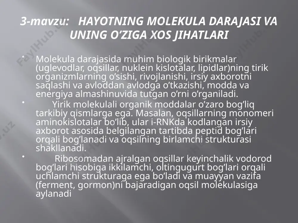 izmlardagi oqsil turlarining xilma-xilligi oqsillar tarkibiga kiruvchi aminokislotalarning turli variantlarda kombinatsiyalar hosil qilishi tufayli ta’minlanadi. oqsil molekulasida aminokislotalarning joylashish tartibi, turning o’zgarmas xossasi bo’lib, oqsil sintezi vaqtida dnkdagi irsiy axborot asosida tuziladi. har bir oqsil molekulasi o’ziga xos tuzilishga ega. organizmning hujayralaridagi oqsillar (fermentlar, gormonlar) bir xil funksiyani bajarishiga qaramay aminokislotalar tarkibi bo’yicha o’zaro farq qiladi. turlar bir-biridan kelib chiqishi jihatidan qancha uzoq bo’lsa, ularning oqsillari orasidagi farq ham shunchalik katta bo’ladi fermentativ funksiya. fermentlar plas­tik va energetik almashinuv reaksiyalarida katalizatorlik vazifasini bajaradi. barcha fermentlar oqsil tabiatiga ega. har bir ferment ma’lum bir modda (substrat)ga ta’sir ko’rsatadi va ma’lum tipdagi reaksiyalarni tezlashtiradi. transport funksiyasi. umurtqali hayvonlar qonida gemoglobin, umurtqasiz hayvonlar qonida gemosianin, muskul to’qimasida mioglobin o2 va co2ning transportini, qon plazmasi oqsili - albumin lipidlar, yog’ kislotalari va boshqa biologik faol moddalar transportini ta’minlaydi. hujayra membranasi oqsillari esa membrana orqali moddalarni o’tkazish vazifasini bajaradi. himoya funksiyasi. antitana, antitoksin, interferon oqsillari …