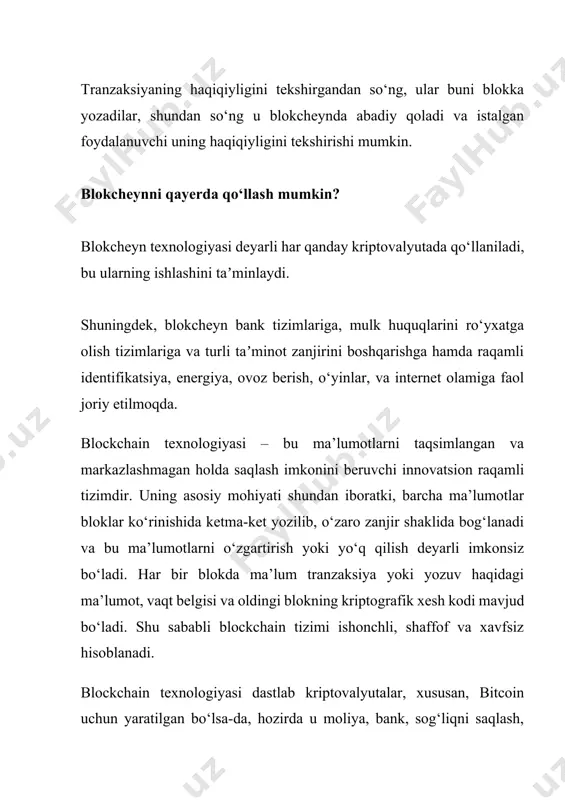 i mavjud bo‘ladi. shu sababli blockchain tizimi ishonchli, shaffof va xavfsiz hisoblanadi. blockchain texnologiyasi dastlab kriptovalyutalar, xususan, bitcoin uchun yaratilgan bo‘lsa-da, hozirda u moliya, bank, sog‘liqni saqlash, ta’lim, logistika, davlat boshqaruvi va boshqa ko‘plab sohalarda qo‘llanilmoqda. uning afzalliklari orasida ma’lumotlarni markaziy serverlarsiz saqlash, tranzaksiyalarning oshkoraligi, xavfsizlikning yuqoriligi va ishonchlilikning ta’minlanishi mavjud. masalan, bank tizimida blockchain vositasida pul o‘tkazmalari tezkor amalga oshiriladi va firibgarlik holatlari oldi olinadi. bundan tashqari, blockchain texnologiyasi “aqlli shartnomalar” (smart contracts) orqali ham keng qo‘llaniladi. aqlli shartnomalar – bu oldindan belgilangan shartlar bajarilganda avtomatik ravishda ishga tushadigan raqamli kelishuvlardir. bu jarayon inson omilini kamaytiradi va turli hujjatlashtirish ishlarini avtomatlashtiradi. blockchainning yana bir muhim jihati shundaki, u ma’lumotlarni bir necha tugunlarda (node) taqsimlab saqlaydi. bu esa tizimning barqarorligini oshiradi, chunki agar bitta tugunda nosozlik yuz bersa ham, qolgan tugunlarda ma’lumotlar saqlanib qoladi. shuning uchun blockchain texnologiyasi “markazlashmagan ma’lumotlar bazasi” sifatida qaraladi. xulosa qilib aytganda, blockchain texnologiyasi bugungi kunda …