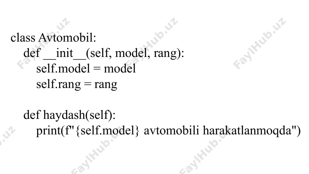avtomobil("nexia", "oq") # avto.__dvigatel_holati # xato beradi avto.dvigatelni_yoqish() # dvigatel yoqildi # avto.__maxfiy_metod() # xato beradi getter va setter metodlari getter va setter metodlari xususiy atributlarga kirish va ularni o‘zgartirish uchun ishlatiladi. class avtomobil: def __init__(self, model, rang): self.__tezlik = 0 # private atribut def tezlikni_ol(self): # getter metodi return self.__tezlik def tezlikni_belgila(self, qiymat): # setter metodi if qiymat >= 0: self.__tezlik = qiymat avto = avtomobil("nexia", "oq") print(avto.tezlikni_ol()) # natija: 0 avto.tezlikni_belgila(50) # setter metod print(avto.tezlikni_ol()) # natija: 50 inkapsulyatsiya dasturlashda muhim rol o‘ynaydi, chunki u ma’lumotlarning yaxlitligini saqlab qoladi va ulardan noto‘g‘ri foydalanishni oldini oladi. polimorfizm obyektga yo‘naltirilgan dasturlash (oop)dagi muhim tushunchalardan biridir. bu atama yunoncha "ko‘p shakllilik" degan ma’noni bildiradi. polimorfizm bir xil nomdagi metodlar yoki funksiyalar turli xil sinflarda yoki kontekstlarda har xil tarzda ishlashi mumkinligini anglatadi. polimorfizmning ikki turi mavjud: statik polimorfizm (kompilyatsiya vaqtida): bu metod ortiqcha yuklash (method overloading) va operator ortiqcha yuklash (operator …