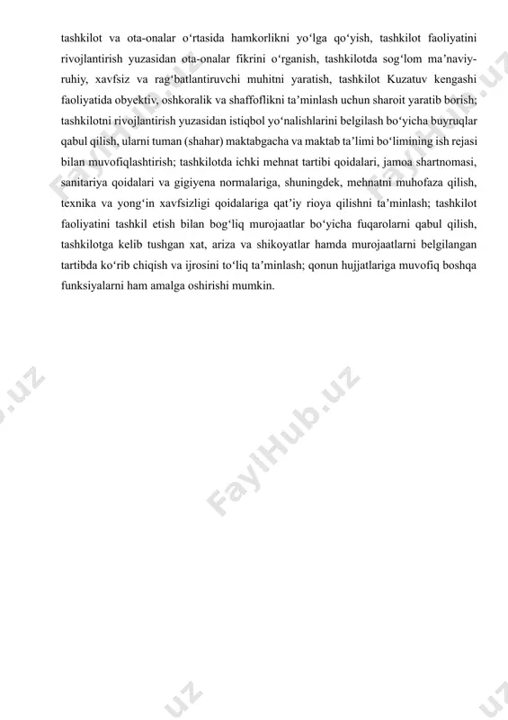 ari xotirasidagi maʼlumotlar va axborotlar taʼlim muassasa direktori xonasidagi serverda saqlanishi, videokuzatuv kameralari xotirasidagi maʼlumotlar va axborotlarni ijtimoiy tarmoqlarga chiqib ketmasligi uchun javobgar hisoblanadi. tashkilot ish yuritish va hujjatlar aylanish tizimi asosida tuman (shahar) maktabgacha taʼlim boʻlimlari tomonidan berilgan hujjatlar va topshiriqlarning oʻz vaqtida ijro etilishini, ularni tahlil va nazorat qilishning yagona tizimini amalga oshirilishni taʼminlash; tashkilot xodimlari oʻrtasidagi vazifalar taqsimotini belgilash, zaruriyatga qarab tegishli oʻzgartirishlar kiritish, ish taqsimoti asosida xodimlarining huquq va majburiyatlarini belgilash; tashkilotda pedagog va mutaxassislarning oʻz xizmat vazifalarining sifatli bajarishlarida tashkiliy-uslubiy yordam koʻrsatish, xodimlarga zarur ish sharoitlarini yaratish choralarini koʻrish hamda mehnat intizomini taʼminlash; tashkilotda pedagog va mutaxassis kadrlarni qayta tayyorlash va ularning malakasini oshirish, xodimlar attestatsiyasini hamda ular tomonidan mehnat intizomiga rioya qilinishini oʻzbekiston respublikasi vazirlar mahkamasining “davlat taʼlim muassasalari hamda nodavlat taʼlim tashkilotlarini attestatsiyadan va davlat akkreditatsiyasidan oʻtkazish tartibini takomillashtirish, maxsus, professional va maktabdan tashqari taʼlim tashkilotlari pedagog kadrlarini attestatsiyadan oʻtkazish tartibini takomillashtirish, nazorat …