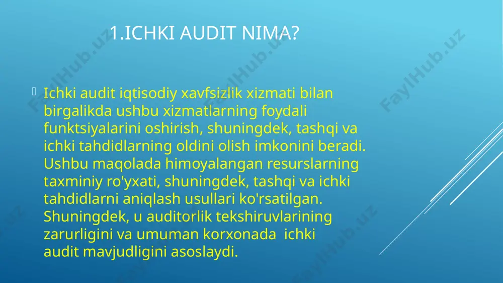 yonlari, risklarni boshqarish hamda ichki nazoratni baholash va samaradorligini oshirishga yo‘naltirilgan tizimli faoliyat yuritish orqali vazirlik va idoralar maqsadlariga erishishiga yordam beradi. ichki audit xizmati o‘z faoliyatida o‘zbekiston konstitutsiyasi va qonunlariga, oliy majlis palatalari qarorlariga, prezident farmonlari, qarorlari va farmoyishlariga, vazirlar mahkamasi qarorlari va farmoyishlariga, ushbu namunaviy nizomga va boshqa qonun hujjatlariga amal qiladi. ichki audit xizmati va uning tuzilmaviy shakli o‘zbekiston prezidenti yoki hukumati qarori asosida vazirlik va idoralarning markaziy apparati tarkibida tashkil etiladi. ichki audit xizmati xodimlariga qo‘yiladigan talablar: o‘zbekiston oliy ta'lim muassasalarida yoxud qonun hujjatlariga muvofiq o‘zbekistonda tan olinadigan xorijiy davlatlar oliy ta'lim muassasalarining oliy iqtisodiy, moliyaviy ma'lumotga egaligini tasdiqlovchi hujjatga ega bo‘lish; iqtisodiyot, moliya, soliq, bank ishi, buxgalteriya hisobi va hisoboti hamda audit sohasida (shu jumladan yuqorida sanab o‘tilgan sohalarda faoliyat yurituvchi oliy ta'lim muassasalarida pedagog sifatida) kamida ikki yillik ish stajiga ega bo‘lishi lozim. ichki audit xizmati xodimi belgilangan tartibda har yili bir marotaba o‘z …