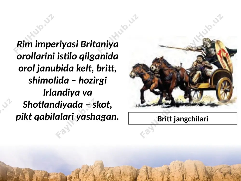 aniya tez yuksala boshlaydi. daniya qirolligi angliyaga hujum qilgan daniyalik vikinglarga nisbatan xavfliroq edi. u eski angl-saks qonunlarini yozishni va angliya tarixiga oid ma’lumotlar to‘plashni buyuradi. buyuk alfred davrida «anglosakson solnomasi» tuzilib, unda yilma-yil muhim voqealar qayd etila boshlanadi. daniya qiroli xi asr boshida ingliz sohiliga o‘z qo‘shinini tushiradi. urush uzoq cho‘zilmaydi, faqat london shahri daniyaliklarga ma’lum vaqt qarshilik ko‘rsatib turadi. savol va topshiriqlar 1. britaniyaga qaysi german qabilalari kelib o‘rnashadi? 2. amvrosiy avrelian haqida nimalarni bilib oldingiz? 3. german qabilalari istilolari qanday oqibatlarga olib keldi? 4. siz qirol alfred faoliyatiga qanday baho berasiz? image1.jpg image2.emf image3.jpeg image4.jpeg image5.jpeg image6.emf image7.jpeg image8.jpeg image9.emf image10.emf image11.jpeg image12.jpeg image13.png image14.jpeg image15.jpeg