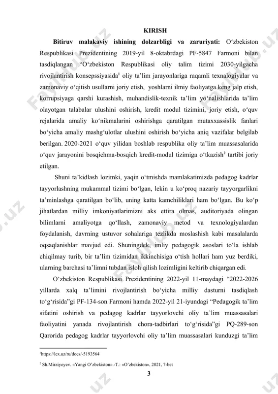 ibida tashkil etish belgilab berilgan. hozirgi fan-texnika taraqqiy etgan davrda zamonaviy shaxs turli sohalarga oid axborotlardan uzoqda bo‘la olmaydi. axborot vositalarining - radio, telefon, televideniya, internet hamda yozma axborot manbalarining yildan-yilga ko‘payishi shaxsning, shu jumladan texnikaviy fanlar bo‘yicha rivojlanib borayotgan fan darajasida bilimga ega bo‘lishini taqozo etmoqda. fanni o‘qitishning zamonaviy metodlaridan foydalanib o‘qitish ulkan ahamiyat kasb etadi. buning o‘ziga yarasha sabablari mavjud. ma’lumki, muayyan fan yoki ta’lim tizimi endilikda bir davlat doirasida rivojlana olmaydi, balki dunyo miqiyosida fan-texnika va texnologiyalar diversifikatsiyasi yuz beradiki, bu jarayonning ichida bo‘lish hamda umum insoniy qadriyatlarni egallashda axbrot texnologiyalaridan foydalanmaslikning iloji ham yo‘q. ta’lim bog‘cha yoshidan to biror sohaning mutaxassisi bo‘lib etishguncha dastlab informatika, so‘ng axborot texnologiyalari bosqichma-bosqich egallab, uni hayotimizning qon tomiriga kiritishdan iborot bo‘lib qolishi kerak, chunki mutaxassis o‘z faoliyatida axborotlar oqimidan o‘ziga zarur, foydali axborotlarni ajrata olsin, hayotda uni qo‘llay bilsin. respublikamizda olib borilayotgan siyosiy, ma’naviy va ma’rifiy yo‘nalishdagi barcha ishlari: «bizdan …