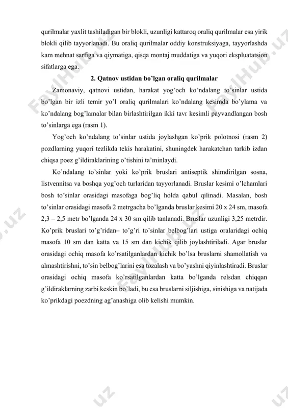 anashiga olib kelishi mumkin. rasm 1. qatnovi ustidan, harakat yog’och ko’ndalang to’sinlar ustida bo’lgan oraliq qurilma: 1-ko’prik polotnosi; 2-bosh to’sin; 3-tayanch qismi; 4-ko’ndalang bog’lamalar; 5bo’ylama bog’lamalar rasm 2. yog’och ko’ndalang to’sinlar ustida joylashgan ko’prik polotnosi: 1-ko’ndalang to’sin (ko’prik brusi); 2-taxtali to’shama; 3-kontrburchak; 4-ugonga qarshi burchak; 5-panjali bolt; 6-temirbeton trotuar plitasi; 7-panjara; 8-konsol; 9-bosh to’sin; 10-yo’l shurupi bruslarning ko’prik ko’ndalang o’qiga nisbatan siljishini oldini olish va qurilish balandligi hosil qilish uchun bruslarning ost tekisligida chuqurligi 1 sm dan kichik va 3 sm dan katta bo’lmagan o’ymalar (vrubki) hosil qilinadi. har bir brus to’sinlarning ustki belbog’iga diametri 22 mm bo’lgan panjasimon boltlar bilan tortib mahkamlanadi. bruslarning ko’prik bo’ylama o’qiga nisbatan siljishiga (ugonga) qarshilik qilish uchun yo’l relslarini tashqi tomoniga kesim o’lchamlari 160+100x14 mm bo’lgan ugonga qarshi yoki qo’riqlash burchaklari o’rnatiladi. bundan tashqari bruslar boltlar vositasida vertikal polkasi 120 mm dan kam bo’lmagan, to’sinlarning ustki belbog’ining har bir 5 metridan kam bo’lmagan masofaga …