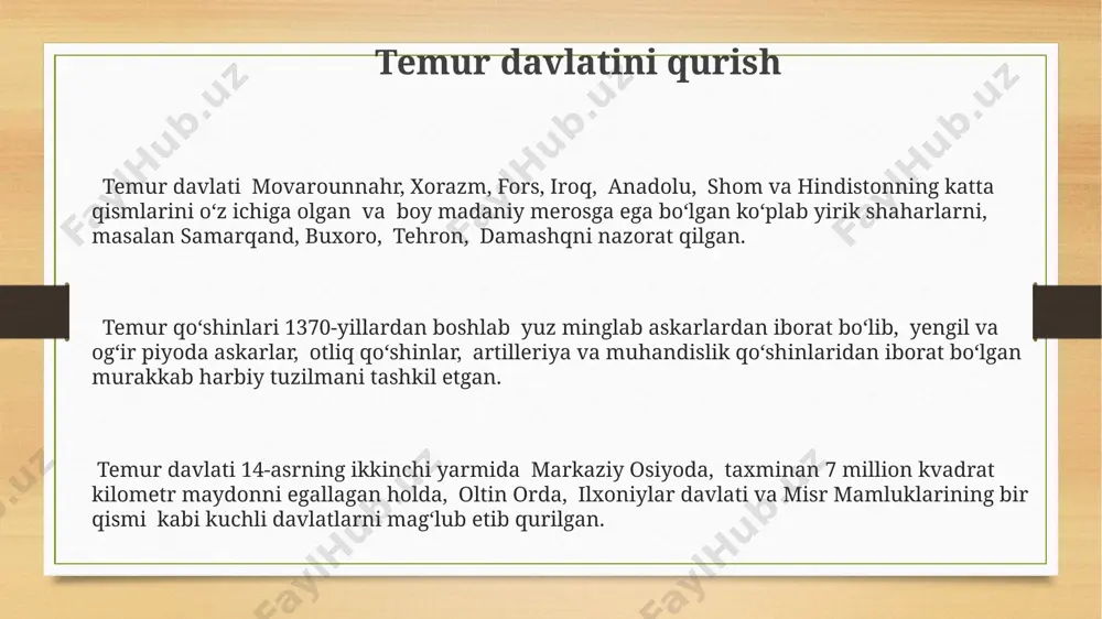 uch va boshqa qishloq xo‘jalik mahsulotlarini yetishtirgan. temur davlatida qo‘l san’ati yuqori darajada rivojlangan edi, misol uchun, buxoro va hirot kabi shaharlarda 5000 dan ortiq ustalar turli xil buyumlarni ishlab chiqarish bilan shug‘ullanishgan. temur davlati samarqandni yirik savdo markazi sifatida rivojlantirdi, 150 dan ortiq mamlakatlardan savdogarlar va hunarmandlarni jalb qilib, jahon savdosida muhim rol o‘ynagan. e'tiboringiz uchun rahmat @taqdimot_robot image3.png image4.png