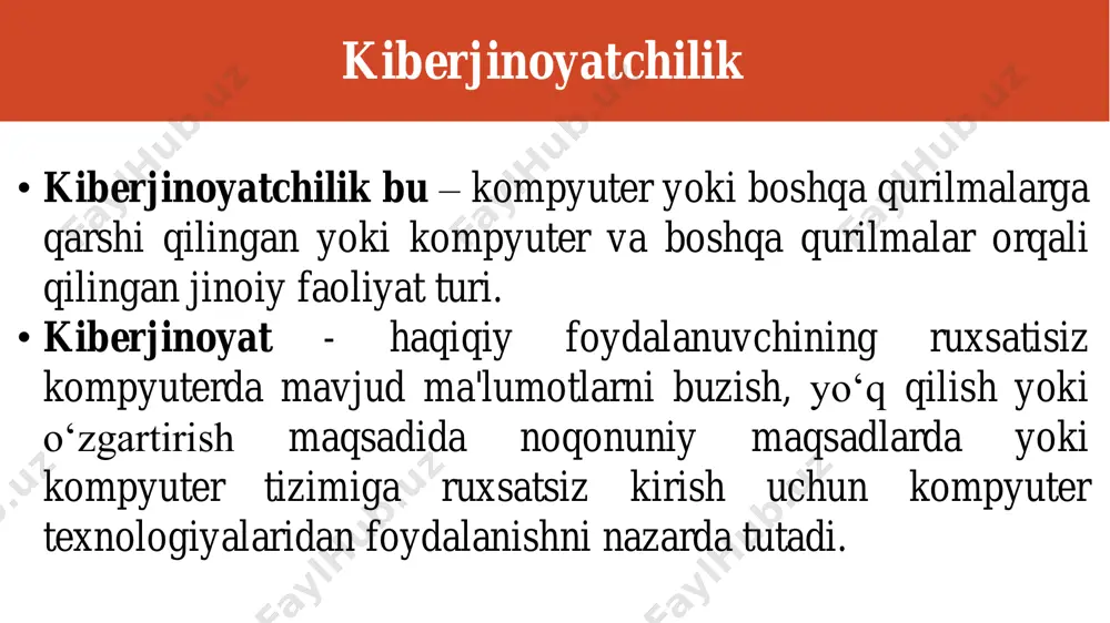 ter tizimiga, ular bilan tanish va ulardan qonuniy foydalanish huquqiga ega bo‘lgan shaxs tomonidan, amalga oshiriladi. mazkur turdagi kiberjinoyatlar odatda tashkilotning xafa bo‘lgan va norozi xodimlari tomonidan amalga oshiriladi. bundan tashqari, kiberjinoyatchi tashkilot tarmog‘idan foydalanish imkoniyatiga ega bo‘ladi. shuning uchun, ichki kiberjinoyatchilik natijasida maxfíy axborotning sirqib chiqish imkoniyati yuqori bo‘ladi. tashqi kiberjinoyatlar: odatda tashqaridan yoki tashkilot ichkarisidan yollangan g‘araz niyatli shaxs tomonidan amalga oshiriladi. mazkur kiberjinoyatchilik tashkilotning nafaqat moliyaviy yo‘qotishlariga, balki obro‘sining yo‘qolishiga ham sababchi bo‘ladi. hujum tashqaridan amalga oshirilgani bois, g‘araz niyatli shaxs harakatni tashkilot at infrastrukturasini skaner qilish va unga aloqador ma’lumotlarni to‘plashdan boshlaydi. kiberjinoyatni amalga oshirishdan asosiy maqsad mablag‘, qimmatli qog‘ozlar, kredit, moddiy boyliklar, tovariar, xizmatlar, imtiyozlar, ko‘chmas mulk, yoqilg‘i xom ashyosi, energiya manbalari va strategik xom ashyolarni noqonuniy o‘zlashtirish; soliq va boshqa yig‘imlarni to‘lashdan bosh tortish; jinoiy daromadlarni qonunlashtirish; qalbaki hujjatlar, shtamplar, muhrlar, blankalar, shaxsiy yutuq chiptalarini qalbakilashtirish; shaxsiy yoki siyosiy maqsadlarda maxfiy ma’lumotlarni olish; ma’muriyatning …