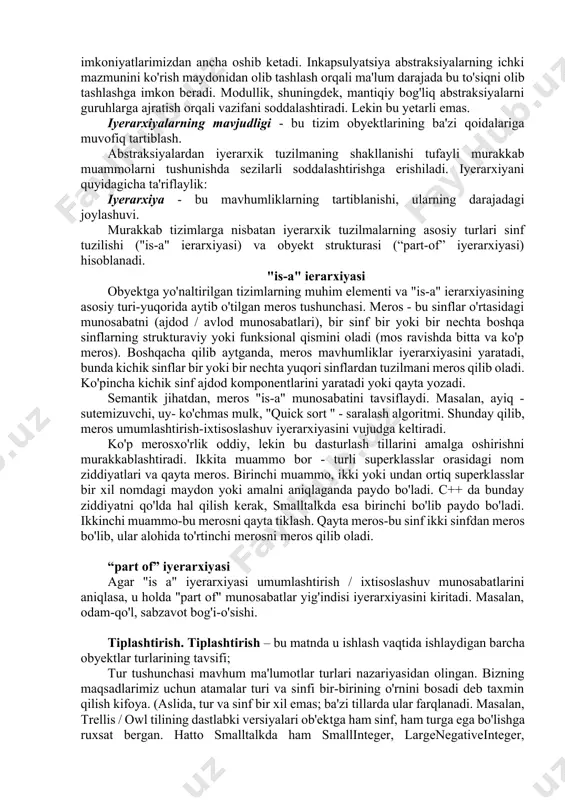 alohida kompilyatsiya qilingan fayllardir. c/c ++ uchun modullarning oldingi qismini .h kengaytmasi bo'lgan alohida fayllarga joylashtirish odatiy holdir (sarlavha fayllari deb ataladi). amalga oshirish, ya'ni modul matni .c kengaytmasi bo'lgan fayllarda saqlanadi (c++ dasturlarida ko'pincha cp va .cpp kengaytmalari ishlatiladi). fayllar orasidagi bog'lanish #include makroprotsessor ko'rsatmasi bilan e'lon qilinadi. bu yondashuv faqat konvensiyaga asoslangan va tilning o'ziga xos qat'iy talabi emas. object pascal tilida modullik prinsipi biroz qat'iyroq rasmiylashtirilgan. bu til birlikning interfeysi va bajarilishining o'ziga xos sintaksisini belgilaydi. javada paket deb ataladigan tushuncha mavjud. har bir to'plamda ba'zi mantiqiy atributlar bo'yicha guruhlangan bir nechta sinflar mavjud. modullik, kerakli tavsifni topishni osonlashtirishdan tashqari, loyihani qurish jarayonini sezilarli darajada tezlashtirishga imkon beradi (albatta, alohida kompilyatsiyani qo'llab -quvvatlaydigan kompilyatorlar uchun). keling, bir misolni ko'rib chiqaylik. tabiiyki, bularning barchasi interfeyslarning barqarorligiga juda qattiq cheklovlar qo'yadi, lekin barqaror interfeyslarni shakllantirish vazifasi umuman dizayn vazifasidir. iyerarxiya. abstraksiya - foydali narsa, lekin har doim, eng oddiy …