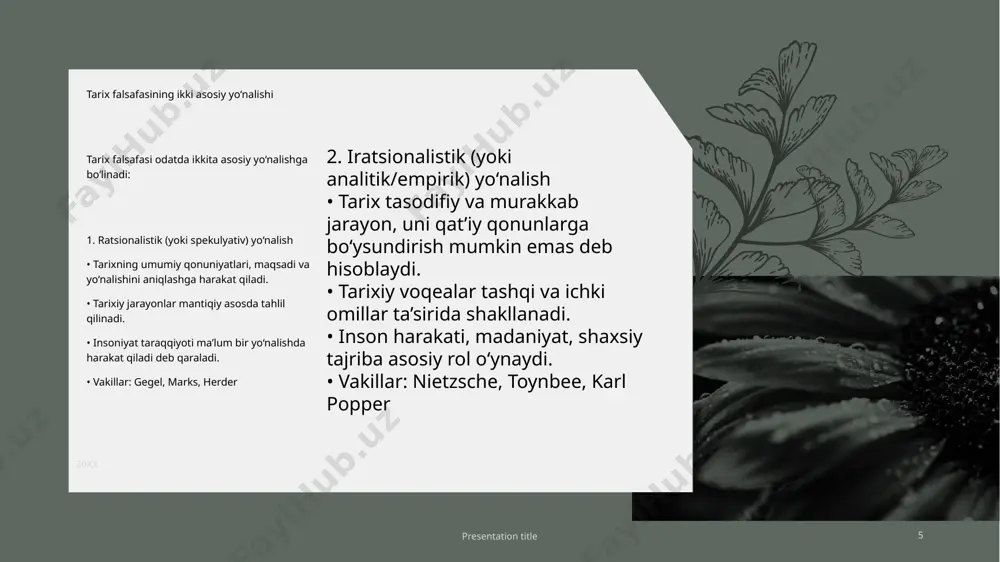 ltiraman: postmodernizm va tarix postmodernizm – bu nima? postmodernizm — xx asrning ikkinchi yarmida shakllangan madaniy-falsafiy yo‘nalish bo‘lib, u haqiqat, bilim, va tushuncha degan an’anaviy qarashlarni shubha ostiga oladi. 20xx presentation title 17 tarixga munosabati: • tarix — yagona haqiqat emas, balki ko‘plab talqinlar yig‘indisi. • har bir tarixiy rivoyat — bu ijtimoiy konstruksiya, ya’ni uni yozuvchi shaxs yoki guruh qarashlari ta’sirida yaratilgan. • ob’ektiv tarix degan tushunchaga ishonilmaydi. • tarix yozuvi — bu matn sifatida qaraladi, u ham adabiyotdek talqinga ochiq. asosiy vakillar: • michel foucault – tarixiy bilimlar ham hokimiyat bilan bog‘liq, har bir davr o‘z “haqiqat tizimi”ni yaratadi. • jean-françois lyotard – “katta rivoyatlar” (yagona haqiqatlar) davri tugadi, endi ko‘plik va parcha-parchalik davri. • hayden white – tarixiy matnlar badiiy tuzilmaga ega, tarix yozuvi ham bir turdagi hikoya. xulosa: postmodernizm tarixga ko‘pchilik qarashlar, subyektivlik va muallif pozitsiyasi asosida qaraydi. tarix — bu haqiqat emas, talqinlar maydoni. keyingi …