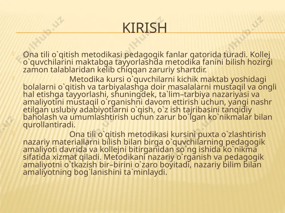 jarayonida o'zgalar nutqini idrok qilishi va tushunishida, hikoya tinglash va qayta hikoya qilishida ko'rinadi. bola maktab davrigacha kattalarga taqlidan u yoki bu axborotni o'zlashtirib kelgan bo'lsa, endi o'z xohish-irodasi bilan zarur ma'lumotlar to'plashga intiladi. o'z oldiga aniq maqsad va vazifa qo'yishga harakat qiladi. bola xulq-atvoridagi bu o'zgarish va faollik uning xotirasi muayyan darajada rivojlanganligini bildiradi. 1-sinf o'quvchisi ko'proq bilim faoliyatini yaqqol obrazli xotiraga tayangan holda tashkil etadi. nutq ham izchil, ifodali, grammatik qoidalarga emas, balki miqdor va ko'lamiga ko'ra o'zgalar bilan fikr almashish uchun yetarli darajada shakllangan bo'ladi. o’zbek tilining nutq tovushlari haqida ma’lumot mavzu seminar mashg'uloti tarzida topshirilgani ma'qul. chunki talabalar analitik-sintetik tovush metodi haqida to'liq bilimga ega. bu mavzu ularga oldindan beriladi. har bir ilm tolibi mustaqil ravishda tayyorgarlik ko'radi. mavzu materialini turli manbalardan izlaydi. ularga o'qituvchi tomonidan yo'nalish beriladi: mavzu rejasini har bir o'quvchi mustaqil tarzda o'zi tuzadi. mavzu reja asosida yoritiladi. ortiqcha tafsilot kiritilmaydi. mavzuni yoritish …