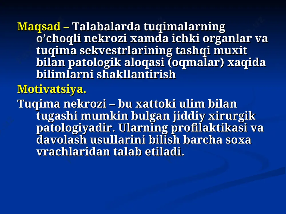 xarakterga ega. 3. ekologik faktorlar (sovuk xarorat qon tomirlar spazmigaolib keladi, issiq xarorat tuqimalar metabolizmini kuchaytiradi, x- nurlar – qon tomir va tuqima reaktsiyalarini izdan chiqaradi. gangrena– belgilari bo'lgan nekroz: gemoglobinning havo bilan aloqada parchalanishi natijasida organga yoki uning ko'p qismiga zarar etkazilishi va to'qimalarning xarakterli ko'rinishi (qora yoki kulrang-yashil).. gangrenalar klassifikatsiyasi etiologiyasi boʼyicha: qon tomirlarni jaroxatlash yoki bogʼlab quyish; qon tomirlarning bosilishi; tromboz va emboliyalar; termik va kimyoviy travmlar; tuqimalar trofikasining buzilishi; xirurgik infektsiyaning buzilishi; obliteratsiyalovchi endarteriit; obliteratsiyalovchi ateroskleroz; diabetik angiopatiya; spetsifik infektsiya (lues). nospesifik spesifik yalligʼlanish chuqurligiga qarab: yuzaki; chuqur; total. klinik kechishiga kura: quruq gangrena; xoʼl gangrenы. аnatomik lokalizatsiyasiga koʼra: teri qoplamalarida(dermatozlar); qoʼl va oyoqlarda; ichki organlarda. son yumshoq tuqimalarning travmatik nekrozi. (transport travmasi) oʼаi-iiib. oyokning ishemik gangrenasi oʼаi-iiib. oyokning ishemik xoʼl gangrenasi oyoqning anaerob noklostridial gangrena oyoqning tarqalgan gangrenasi ichki organlar gangrenasi ichak qovuzloklari nekrozi tugun xosil bo`lishi ingichka ichakning buralib qolishi gangrena sabablari quruq gangrena …