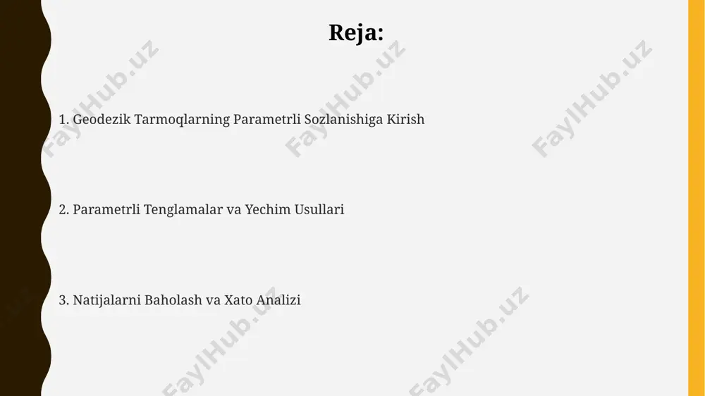 roq natijalar beradi. parametrli modellashtirishda, masalan, toshkent shahri geodezik tarmog'ini 3d koordinata tizimida modellashtirishda 1000 dan ortiq nuqtalarni hisobga olgan holda, parametrlarning optimal qiymatlarini aniqlash uchun iterativ usullar qo'llaniladi. parametrlarning korrelyatsiyasi va o'zaro bog'liqligi toshkent yaqinidagi 50 ta nuqtadan iborat geodezik tarmoqda, balandlik va koordinatalar parametrlari orasidagi o'zaro bog'liqlikni aniqlash uchun dispersiya tahlili qo'llanildi. samarqanddagi geodezik tarmoqlarni tahlil qilishda, 20 dan ortiq parametrlar o'rtasidagi korrelyatsiya koeffitsiyenti 0.7 dan yuqori bo'lib, o'zaro bog'liqlikni ko'rsatadi. farg'ona vodiysidagi geodezik kuzatuvlar natijalarida, 15 ta parametrning 3 tasi yuqori darajada (0.9 dan yuqori) korrelyatsiyaga ega ekanligi aniqlandi, bu esa modellashtirishda muammolarni keltirib chiqarishi mumkin. amaliy misollar va tajriba natijalari тошкент шаҳри атрофидаги 15 та геодезик нуқтанинг параметрик таъмирланиши натижасида, квадратлар ўртача хатолиги 2,5 см га камайди, бу эса дақиқликни 15% оширди. самарқанд вилоятидаги 30 км² майдондаги 20 та пунктли геодезик тармоқнинг параметрик мослашуви натижасида, баландлик аниқлиги 0,01 м га яхшиланди. фарғона водийсида ўтказилган тажрибаларда, 50 …