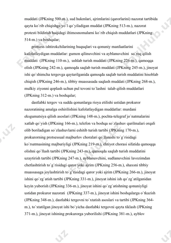 i bo`yicha dastlabki tergovni qayta tiklash (jpkning 371-m.), jinoyat ishining prokurorga yuborilishi (jpkning 381-m.), ayblov xulosasi bilan kelgan jinoyat ishi yuzasidan prokurorning qarori (jpkning 385-m.), jinoyat ishini sudga yuborish (jpkning 388-m.) va boshqalar. keltirilgan tasnif shartli bo`lishiga qaramay, bilish xususiyatiga ega hamda shu bilan birga protsessual muddatlar mohiyatini to`laroq aks ettiradi. amaldagi jpk tomonidan belgilangan, shuningdek qonunda nazarda tutilgan hollarda surishtiruvchining, tergovchining, prokurorning yoki sudning qarori bilan tayinlangan muddatlar soatlar, sutkalar va oylar bilan hisoblanadi. muddatlarni hisoblashda muddatning o`tishi boshlangan soat va sutka hisobga olinmaydi, ammo bu qoida ushlab turish, qamoqda saqlash va tibbiy muassasada bo`lish muddatlarini hisoblashga taalluqli emas. muddatni hisoblashda ishdan xoli vaqt ham e`tiborga olinadi. muddat sutkalar bilan hisoblanganda muddat oxirgi sutkada soat 24.00 da tugaydi. tegishli xatti-harakat sudda, prokuraturada yoki boshqa davlat muassasasida bajarilishi lozim bo`lsa, muddat ushbu muassasalarning ish vaqti tamom bo`lishi bilan tugaydi. oylar bilan hisoblanadigan muddat oxirgi oyning muddat boshlangan kuniga to`g`ri keladigan …