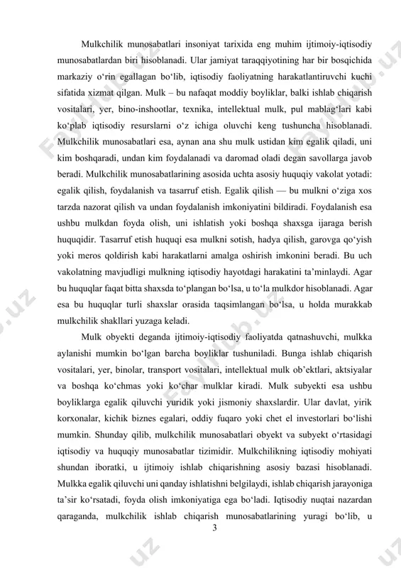 , jamiyatdagi o‘z mavqeini ham shunga mos ravishda belgilaydi. mulk nafaqat iqtisodiy kuch, balki siyosiy va ijtimoiy ustunlikning ham vositasi bo‘lishi mumkin. shu boisdan mulkchilik munosabatlarini to‘g‘ri tashkil etish va uni jamiyat manfaatlariga moslashtirish dolzarb masalalardan biridir. ayniqsa, o‘tish iqtisodiyotiga ega bo‘lgan davlatlarda, mulkchilikni isloh qilish, xususiylashtirish jarayonlarini qonuniy va adolatli asosda olib borish, ijtimoiy tenglik va iqtisodiy barqarorlikni ta’minlashda muhim rol o‘ynaydi. o‘zbekiston mustaqillikka erishgach, mulkchilik munosabatlarini tubdan isloh qilish yo‘lini tutdi. avval davlat tasarrufidagi mulk ustun bo‘lgan bo‘lsa, keyinchalik xususiy sektor rivojlanib bordi. xususiylashtirish dasturlari orqali ko‘plab korxonalar, yer maydonlari, xizmat ko‘rsatish sohasi obyektlari jismoniy va yuridik shaxslarga berildi. bu esa iqtisodiyotda raqobat muhitining shakllanishiga, mulkdorlar sonining ortishiga, investitsiyalar jalb qilinishiga olib keldi. bugungi kunda o‘zbekistonda davlat, xususiy va aralash mulk shakllari parallel ravishda mavjud bo‘lib, ular bir-birini to‘ldiradi va iqtisodiyotni diversifikatsiyalashda muhim o‘rin tutadi. mulkchilik munosabatlarining takomillashuvi uchun bozor iqtisodiyoti sharoitida quyidagi omillar katta ahamiyatga ega: mulk …