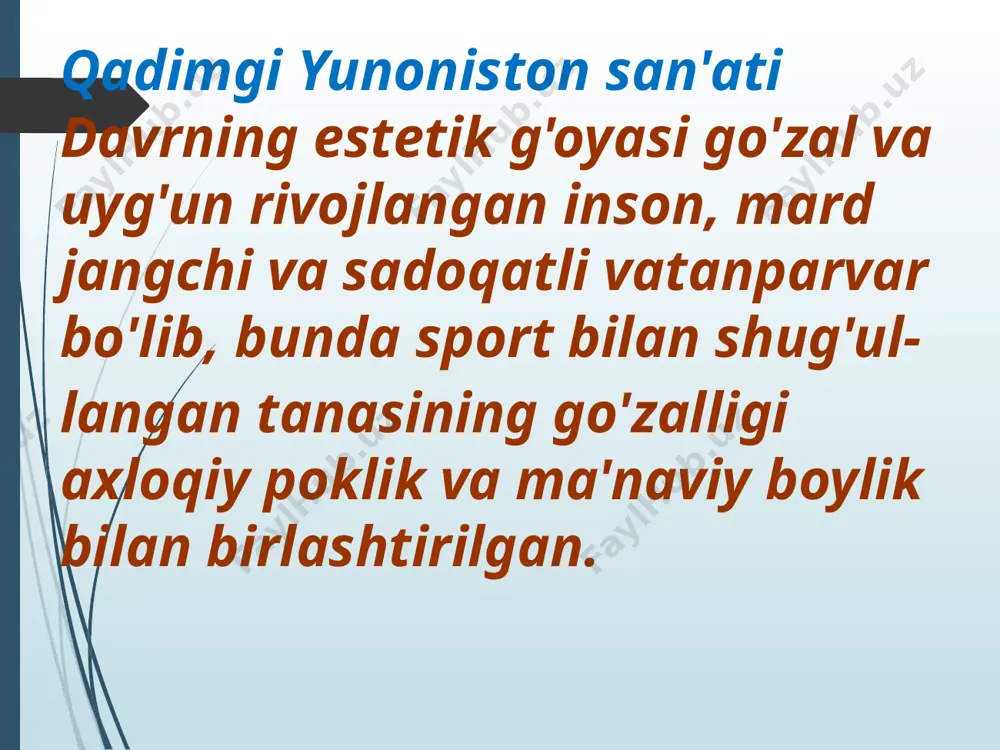 lapitlar urushi. olimpiyadagi zevs ibodatxonasining g'arbiy qismidagi haykal. v asr miloddan avvalgi e. marmar. dastlabki klassiklarning haykaltaroshligi qahramon obrazini tipiklashtirish, mukammallik, g'olib, individual xususiyatlarsiz xarakterlanadi. insonning real qiyofasini, harakatning haqiqiy uzatilishini qidirish delphi shahridan aravachining haykali. v asr miloddan avvalgi e. parcha. bronza, quyma. voznichego haykali qat'iy uslubning xususiyatlarini aks ettiradi. apollonga bag'ishlangan. ehtiyotkorlik bilan tayyorlangan tafsilotlar taniqli haykaltaroshlardan biri mirondir. disk otuvchi. miloddan avvalgi v asr. iv yuqori klassika (miloddan avvalgi 450 - 400) yunoniston san'ati o'zining boshlang'ich bosqichiga kirmoqda. afina shahri badiiy markazga aylanadi. haykaltarosh fidiys boshchiligida afina akropoli qayta qurildi, uning ansambli dunyodagi eng go'zal hisoblanadi! afina akropoli - bu shaharning baland va mustahkam qismi. afina homiysi sharafiga qurilgan arxitektura kontseptsiyasi - bu erkinlik va mukammal uyg'unlik g'oyasi. me'mor mnesicles. akropolga tantanali kirish yo'li, propiyoniyaning oq marmar binolari, ichki ion kolonnadasi bilan bog'langan dorik portikalari bilan tasvirlangan. mnesikula. afina akropolining propilleriyasi. miloddan avvalgi v asr. darvozalar ortida …