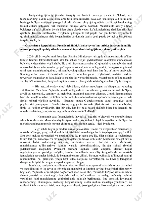 yosi aks etgan. ammo bu rivoyat va afsonalar ham massaget, sak, xorazmiy, so‘g‘d hamda parfiyanlar yashagan davrlar ruhini ifoda etadi, xolos. eng qadimgi madaniy boyliklarimizni o‘rganishda quyidagi uch guruhga ajratilgan manbalarga tayanamiz: arxeologik qazilmalar natijasida topilgan ko’rgazmali ashyolar. xalq og’zaki ijodi materiallari hamda yozma manbalar. buyuk adiblar, allomalarning ijodiy merosi. ma’lumki, ibtidoiy kishilar mehnat faoliyati jarayonida o‘z ehtiyojlarini qondirgan va bu jarayon yosh avlodda ham mehnat qilish, amaliy faoliyatni yo‘lga qo’ya olish borasidagi nazariy bilim, ko’nikma va malakalarni hosil qilishga zamin hozirlagan. mehnat faoliyatini tashkil etish jarayoni dastlabki paytlarda butun ijtimoiy hayotni yo’lga qo’yish negizida amalga oshirilgan bo’lsa, keyinchalik tarbiya inson faoliyati asosiy jihati, ijtimoiy ongni shakllantirishning muhim omiliga aylandi. dastlabki urug‘chilik jamiyatidan oldin ham inson yashash uchun kurashgan, mazkur davrda urug‘ning barcha a’zolari jamoa bo’lib harakat qilganlar. keyinroq kishilar mehnat faoliyatini jamoa a’zolarining yosh jihatlariga ko’ra quyidagi uch guruh asosida tashkil etganlar. -bolalar va o’smirlar; -ijtimoiy hayot va mehnatda …