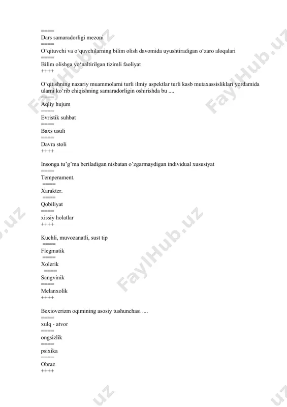 ganadi ==== psixologik hodisalarning butun majmuini o‘rganadi ==== psixik jarayonlarni o‘rganadi. ==== shaxsning psixik va individual xususiyatlarini o‘rganadi ++++ psixologiya” so‘zining ma’nosini toping. ==== grekcha so‘z bo‘lib, jon, ruh ilmi demokdir ==== grekcha so‘z bo‘lib, ong ilmi ma’nosini bildiradi. ==== yunoncha inson ilmi olgani ==== yunoncha shaxs ilmi degani ++++ psixologiya fanining metodlari qaysi qatorda to‘g‘ri ko‘rsatilgan? ==== barcha javoblar to‘g‘ri ==== suhbat, biografiya, faoliyat samaralarini tekshirish ==== test,anketa . ==== kuzatish, eksperement ++++ refleks bu- ==== organizmning nerv sistemasi yordami bilan tashqi olam ta’sirlariga beradigan javob reaksiyasi ==== organizmning nerv sistemasi yordami bilan voqealarga javob reaksiyasi ==== organizmning nerv sistemasi yordamida voqea – hodisalarga beradigan javob reaksiyasi ==== organizmning nerv sistemasi yordamida predmet – hodisalarga beradigan javob reaksiyasi ++++ reflekslar necha xil bo‘ladi? ==== 2 xil ==== 4 xil ==== 3 xil ==== 5 xil ++++ esda olib qolish, esda saqlash va esga tushurish qaysi jarayonni hosil qiladi? ==== …