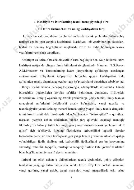 gan yoki hech qayerda bo`lmagan biror qurilma yoki mexanizmni yaratish. masalan “televizor ixtiro qilinishi” degan gapda, televizor avvaldan tabiatda yoki olamda umuman mavjud bo`lmagan. kimdir televizorni o`z qo`li bilan yasadi va televizor mavjud bo`ldi. kashfiyot esa, bu hayotda avvaldan mavjud bo`lgan, lekin insonlarga noma’lum bo`lgan va hech kim bilmagan biror yangilikni ochish. boshqacha aytganda, dunyoda bor bo`lib, lekin odamzot bilmaydigan narsani insonlarga ma’lum qilinishi tushuniladi. masalan, “amerikaning kashf qilinishi” deganda, o`z-o`zidan ma’lumki, amerika avvaldan yerda mavjud bo`lgan, biroq, insonlar bu haqida bilishmagan. shu sababdan “kashf qilindi” iborasi ishlatiladi. yana bir misol keltirsak: “tortishish qonuni kashf qilindi” deyilganda, bu qonun avvaldan olamda mavjud bo`lgani, biroq bu haqda insonlar bilmaganlar. haqiqatdan ham, fizika, kimyo, astronomiya va boshqa fanlarda topilgan qonunlar azaldan mavjud, ammo insonlar bu qonunni keyinroq bilib olganlari tufayli “qonun kashf qilindi”deb aytiladi. aqsh da avtomobilning eng so`nggi turi uchar avtomobil sinovdan o`tkazildi. aqshning massachuseta shtatidagi terrafugia kompaniyasi yaratgan bu avtomobil …