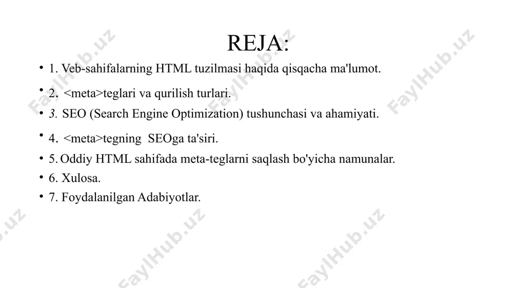 ning bir qismidir. u veb-sahifa haqida qo'shimcha ma'lumot uchun ishlanadi. bu, brauzerga aniq vaqtdan so'ng keyingi sahifani yangilash yoki boshqa url manziliga yo'nalishni saqlashga yordam beradi. : bu html-da meta-ma'lumotlarni belgilash uchun ishlanadigan teg. http-equiv="refresh": bu atribut brauzerga http javob sarlavhasiga o'xshash xatti-harakatni bajarishni bildiradi. refresh qiymati holatini yangilash yoki boshqa url manziliga yangilanishni saqlashadi. seo (search engine optimization) tushunchasi va ahamiyati seo (search engine optimization) — bu veb-saytlarni qidiruv tizimlar (google, yandex, bing va boshqalar) natijalaridan yuqori o'rinlarni chiqarishga qaratilayotgan chora-tadbirlar kompleksi. maqsad — veb-saytga qiziquvchi va maqsadli auditoriyani organik (bepul) trafikdan foydalanishdir. veb-saytning umumiy sifatini yaxshilash: seo faqat kalit so'zlar bilan ishlash emas. u veb-saytning tezligi, mobil qurilmalarga moslashuvi, foydalanish qulayligi va kontent sifati kabi ko'plab texnik va kontent jihatlarini o'z ichiga oladi. bu esa veb-saytning umumiy sifatini yaxshilashga olib keladi. maqsadli auditoriyani yaxshilash: seo bilan kalit so'zlar va kontent strategiyasiga asoslanadi. bu veb-saytga o'z vaqtida yoki xizmat …