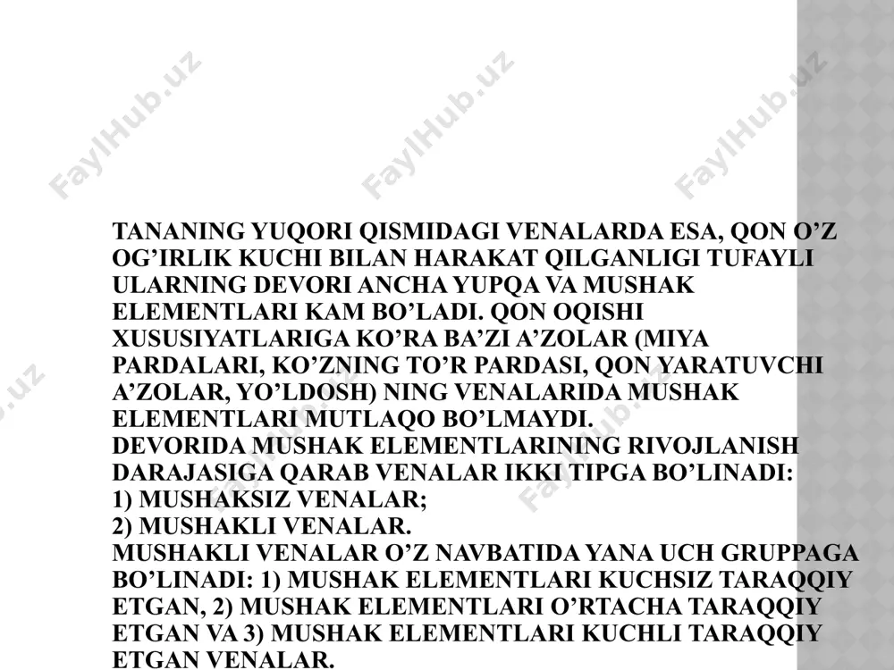 laris) joylashgan. ichki bo‘yinturuq vena oqimlari ikki guruhga: 1) bosh suyagi ichidagi venalar; 2) bosh suyagi tashqarisidagi venalarga boiinadi. tashqi bo’yinturuq venasi bosh miya,qattiq pardasi vena bo‘shliqlari quyidagi sinuslardan iborat: 1) ustki o‘qsimon sinus (sinus sagittis superior); 2) ostki o‘qsimon sinus (sinus sagittalis inferior); 3) to‘gri sinus (sinus rectus); 4) ko‘ndalang sinus (sinus transversus); 5) ensa sinusi (sinus occipitalis); 6) sigmasimon sinus (sinus sigmoideus); 7) g‘orsimon sinus (sinus cavernosus); 8) yuqorigi va pastki toshsimon sinuslar (sinus petrosus superior et inferior). qo’l venalari qo‘l venalari yuza va chuqur venalarga bo‘linadi. bu venalar o‘zaro ko‘plab anastomozlar hosil qilib qo‘shiladi. qo‘lda yuza venalar yaxshi bilinadi. qo‘lning asosiy yuza venalari: qo‘lning lateral va medial teri osti venalari bo‘lib, ular barmoqlaming orqa tomonidagi vena chigallaridan boshlanadi. qolning chuqur venalari. kaft yuzasidagi barmoqlarning venalari (w. digitales palmares) kaftdagi yuzaki vena ravogiga (arcus venosus palmaris superficialis) quyiladi. juft kaft venalari (w. metacarpales palmares) kaftning chuqur vena ravogiga …