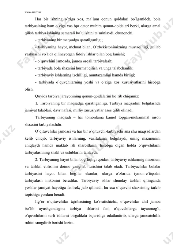 ilar tajribasining ko`rsatishicha, o`quvchilar ahil jamoa bo`lib uyushgandagina tarbiya ishlarini faol o`quvchilarga tayanmog`i, o`quvchilarni turli ishlarni birgalikda bajarishga odatlantirib, ularga jamoatchilik ruhini snngdirib borishi lozim. sinf rahbari ishida o`quvchilar jamoasini shakllantirish asosiy vazifa hisoblanadi, chunki jamoada shaxsni tarbiyalash-tarbiyaning yetakchi tamoyillari hisoblanadi. jamoa nazariyasi qoidalariga muvofiq uni yaratish usuli ishlab chiqilgan. uning umumiy asoslari quyidagilardan iborat: 1. talablar qo`yish; 2. faollarni tarbiyalash; 3. o`quv mehnat, ijtimoiy-siyosiy va ommaviy-madaniy faoliyatdagi istiqbollarini tashkil etish; 4. sog`lom jamoatchilik fikrini shakllantirish; 5. ijobiy an`analarni yaratish va ko`paytirish. yuqorida ta`riflangan barcha qoidalar har qanday jamoani shakllantirish va rivojlantirish uchun qo`llanma hisoblanadi. tarbiya usullarini tanlashda ularni jamoaning rivojlanish darajasiga mosligi muvaffaqiyatning muhim sharti hisoblanadi. shuning uchun har bir o`qituvchi tarbiyaviy ishni sinfdagi jamoa muvaffaqiyatning munosabatlarini rivojlanishi darajasini aniqlashdan boshlaydi. o`qituvchining esa yangi sinf bilan kun marta ish boshlanishiga to`g`ri keladi: o`z mehnat faoliyatining dastlabki yilida, sinfni navbatdagi bitirib chiqish mavsumidan keyin, ba`zan esa maktabda vujudga kelgan vaziyat …