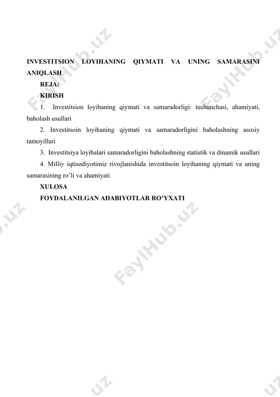 y-iqtisodiy inqiroz investitsiya loyihalari ijtimoiy-iqtisodiy samaradorligini baholashda tijorat banklari oldiga yangi va murakkab bo’lgan qator vazifalarni qo’ydi. o’zbekiston iqtisodiyotining, umuman, jahon iqtisodiyotining kelgusi taraqqiyoti, asosan, investitsiyalarga bog’liqligini bugungi kunda deyarli ko’pchilik anglab yetgan. milliy iqtisodiyotni modernizatsiyalash sharoitida respublikamiz iqtisodiyotiga investitsiyalarni, xususan, chet el investitsiyalarini kengroq jalb etish mamlakatimizda amalga oshirilayotgan iqtisodiy islohotlarning samarali ijrosini ta’minlashga muhim hissa qo’shadi. bu esa, milliy iqtisodiyotda amalga oshirilayotgan investitsiya loyihalari samaradorligini baholashga bo’lgan e’tiborni yanada kuchaytirishi bilan dolzarb ahamiyat kasb etadi. kurs ishining maqsad va vazifalari. investitsiya loyihalari samaradorligini baholashning jahon tajribasi, tendentsiyalari va muammolaridan tadqiq etgan holda o’zbekistonda investitsiya loyihalarini samaradorligini baholashni takomillashtirish yuzasidan taklif-tavsiyalar ishlab chiqish hisoblanadi. kurs ishi oldiga qo’yilgan maqsaddan kelib chiqqan holda quyidagi asosiy vazifalar qo’yildi va yechildi: - milliy iqtisodiyotini rivojlantirishda investitsiyalarlarning o’rni va ahamiyati yoritish; - investitsiya loyihalari samaradorligini baholashning ahamiyati va ob’ektiv zarurligini asoslash; - inqirozdan keyingi sharoitida o’zbekistonda investitsiya faoliyatining asosiy yo’nalishlarini ochib berish; - …