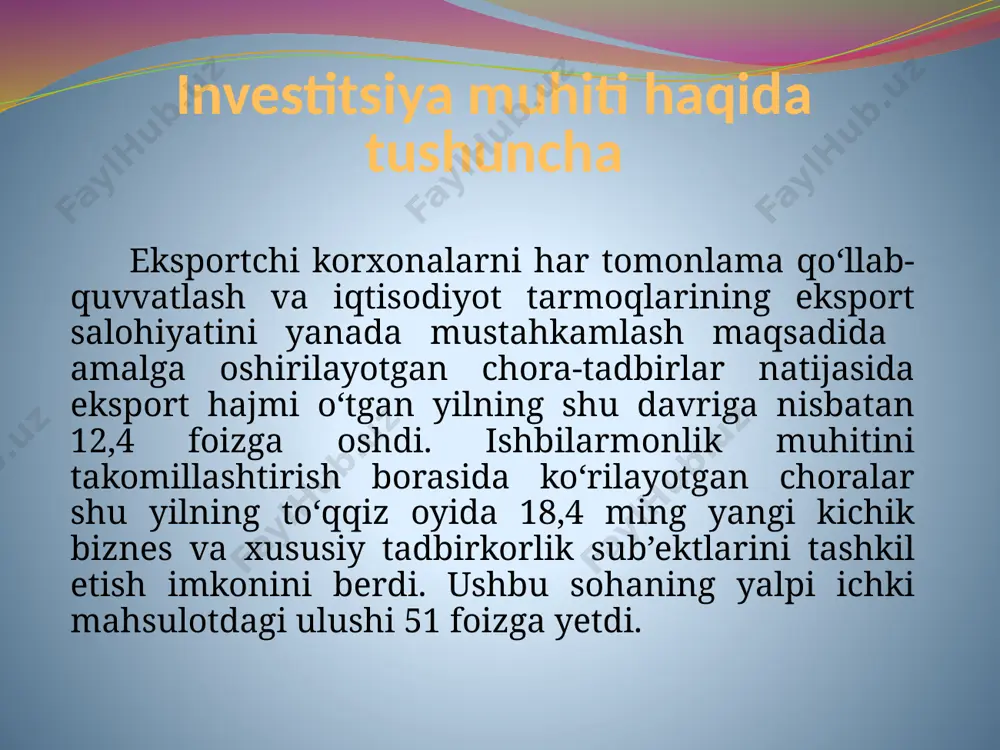 lashtirilgan. umuman, joriy yilda 270 ta investitsiya loyihasini nihoyasiga yetkazish ko‘zda tutilgan. bu borada mamlakatimizning 2012-yilgi investitsiya dasturi investitsiya siyosatini amalga oshirishda muhim ahamiyat kasb etmoqda. uning parametrlari davlatimiz rahbarining “surxondaryo viloyatining 2012-yilgi investitsiya dasturi to‘g‘risida”gi qarori bilan tasdiqlangan. loyihalarni amalga oshirishda katta imtiyozli kreditlar taqdim etgan osiyo taraqqiyot banki, islom taraqqiyot banki, arab muvofiqlashtiruvchi guruhi kabi xalqaro moliya tuzilmalari faol ishtirok etmoqda. www.arxiv.uz mamlakatimizning davlat investitsiya siyosati uzoq muddatli istiqbolga mo‘ljallangan bo‘lib, investorlarning samarali ishlashi uchun barcha zarur shart-sharoitlarni yaratib berishga qaratilgan. buning uchun surxondaryoda barcha imkoniyatlar bor, ya’ni mamlakatimizning geografik joylashuvi qulay, transport tarmog‘i yaxshi rivojlangan, ishlab chiqarish va ijtimoiy infratuzilma taraqqiy etgan, boy tabiiy resurslar hamda yuqori malakali kadrlar mavjud. xulosa. qisqacha xulosa qilsak, 1.glоbаllаshuv jаrаyonigа qo’shilish - bu dunyoning еtаkchi dаvlаtlаri bilаn hаmkоrlikdа bo’lish, ijtimоiy-iqtisоdiy vа siyosiy sоhаdаgi dаvlаt siyosаtining o’zаrо mаnfааtli аsоsdа bu dаvlаtlаr siyosаtigа mоs kеlishidir. glоbаllаshuv jаrаyonigа iqtisоdiyotni erkinlаshtirish, ilmiy-tехnik tаrаqqiyotning tеzlаshishi, rаqоbаtning …
