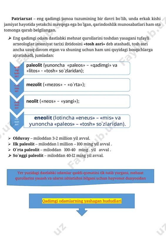 yim-kechak tayyorlash tarmog‘i – to‘quvchilik neolit davrining muhim kashfiyot va ixtirolaridir. eneolit davri · bronza misdan ko‘ra ancha qattiqligi tufayli mi l. avv. 3-ming yillik o‘rtalaridan boshlab asta-sekin a)mehnat qurollari, b)qurol-yarog‘lar va c)zeb-ziynatlar tayyorlashda ishlatiluvchi asosiy ashyoga aylanib qoldi. bronza mehnat qurollariga ega bo‘lgan odamlar endi dalalarga ancha durust ishlov berish va ekin maydonlarini kengaytirish imkonini qo‘lga kiritdi. natijada ular ixtiyorida ortiqcha miqdorda qishloq xo‘jalik mahsulotlari vujudga keldi. chorvachilik asta-sekin dehqonchilikdan ajralib chiqa boshladi. · 1)xo’jalik yurutish shakllari takommillashuvi va 2)erga ishlov berish texnikasi rivoj topishi bilan urug’ jamoalarida erkaklar yetakchilikni o’z qo’liga ola boshladilar. bronza davri bronza davri (mil. avv. 3-ming yillik o‘rtalari – 2-ming yillik) · bronza davri manzilgohlari aholisi har xil a)hunarmandchilik, b)to‘quvchilik, c)kulolchilikni rivoj toptirishda, 1)zeb-ziynat buyumlarini yasash, 2)qurilish sohasida katta yutuqlarga erishgan. bronza davrida odamlar kulolchilik charxi va g‘ildirakni kashf etdilar. shu tariqa dastlabki aravalar vujudga kelgan. temir davri · bronza va mis yaralganidan ancha …