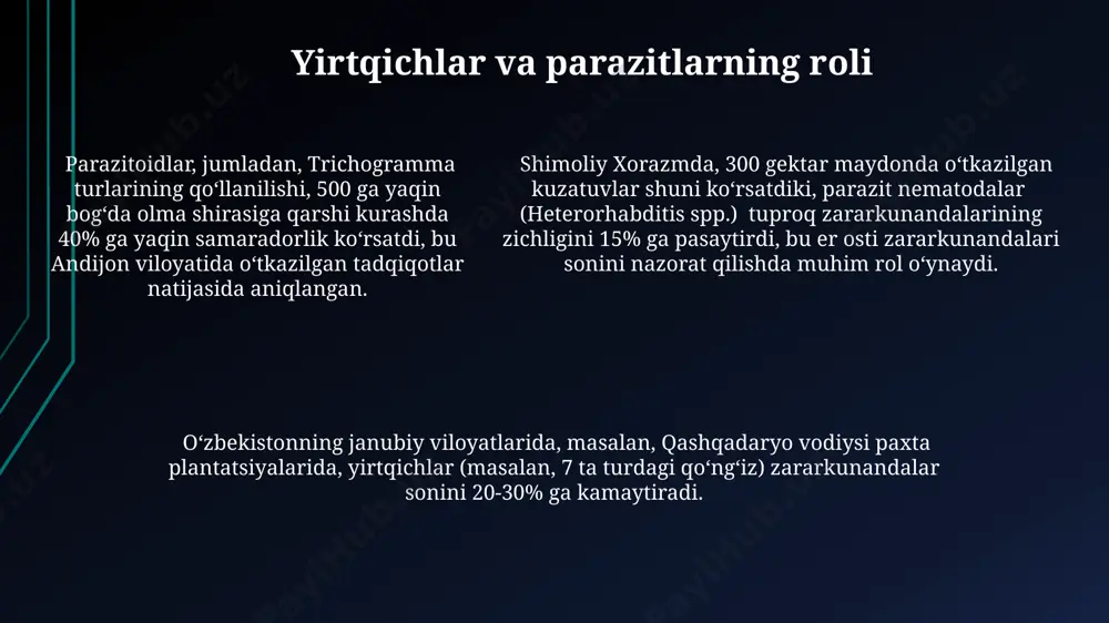 н. интеграцияланган зараркунандаларни бошқариш стратегиялари пахта плантацияларида 50% гача пестицидлар ишлатилишини камайтиришга ёрдам берди (тошкент вилояти мисолида). жаҳон соғлиқни сақлаш ташкилотининг 2023 йилги ҳисоботига кўра, ўзбекистонда 30 дан ортиқ зарракунанда турига қарши интеграцияланган биологик кураш усуллари самарали қўлланилмоқда. e'tiboringiz uchun rahmat @taqdimot_robot
