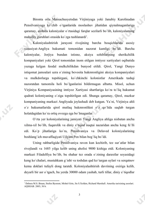 hahar tez orada o`zining daraxtlar soyasidagi keng ko`chalari, mustahkam g`isht va toshdan qad ko`targan uylari va serqatnov kema doklari tufayli dong taratdi. koloniyalashtirish davrining oxiriga kelib, deyarli bir asr o`tgach, bu yerda 30000 odam yashab, turli tillar, diniy e`tiqodlar va hunaru tijorat sohalarini namoyon etgan. muvaffaqiyatli biznes korxonalarini tashkil etish borasida ularning iste`dodi filadelfiya shahrini ko`chkinchilar amerikasining eng farovon markazlaridan biriga aylantirdi. xviii asrning boshlarida koloniyaga kela boshlagan shotlandiyalik-irlandiyaliklar uchun pensilvaniya yangi dunyoga eltuvchi asosiy yo`l bo`ldi. allaqaysi bir pensilvaniyalik rasmiy xodim tomonidan “beboshlarcha jasur va qashshoq kelgindilar” deb nomlangan bu odamlar inglizlardan nafratlangan va umuman xukumatga shubha bilan qaragan. xuddi pensilvaniya singari odamlari aralash-quralash bo`lgan nyu-york shahri ham amerikaning ko`ptilli mohiyatini a`lo darajada namoyon etgan. 1646 yili xadson daryosi bo`yidagi aholi gollandiyaliklar, fransuzlar, daniyaliklar, norveglar, shvedlar, inglizlar, shotlandlar, irlandiyaliklar, olmonlar, polyaklar, boxemiyaliklar, portugallar va italyanlardan tarkib topgan bo`lib, kelajakda million-million yangi keluvchilardan bir zarra edi, xolos. azaldan qishloq xo`jaligiga …