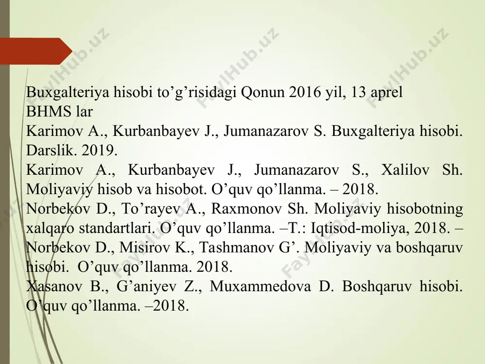 nki bu jarayon qiymat davriga o’tishni belgilab bergan. 2-davr. qiymat davri. (bizning eraning 500 yilidan 1300 yiliga qadar bo’lgan davrni o’z ichiga oladi) ushbu davr pulni o’ylab topilishi va muamola vositasiga aylanishi bilan belgilanadi. shu paytga qadar xo’jalik jarayonlari naturada o’lchangan bo’lsa endilikda unga parallel ravishda qiymatda ham baholashga o’tildi. qiymat ifodasini yuzaga chiqishi buxgalteriya hisobida patrimonal va kameral hisobni shakllantirdi. 3-davr. ikki yoqlama yozuv davri. (ushbu davr 1300-1850 yillarni qamrab oladi.) bu davrda xo’jalik jarayonlarining ommalashuvi, murakkablashuviga mos ravishda oddiy yozuvdan ikki yoqlama yozuvga o’tish zaruriyatining yuzaga kelishi bilan xarakterlanadi. hisob yozuvlariga katta urg’u berilganligi ham ushbu davrga xos. bu davrda buxgalteriya hisobida dastlabki schyotlar rejasi ishlatila boshlandi. 4-davr. nazariy-amaliy davr (ushbu davr 1850-1900 yillar oralig’ini egallaydi). bu davrga kelib xo’jalik jaryonlariga xuquqiy maqom shakllandi. natijada jaryonga ham iqtisodiy jihatdan, ham xuquqiy jihatdan yondashuvlar belgilandi. schyotlar rejasining differentsiyasi boshlandi, shakllariga ahamiyat qaratildi, balans, foyda, tannarx, ishlab chiqarish va muomala …