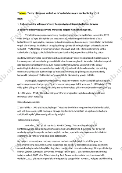 tarixiy obidalarni saqlash va ta'mirlashda xalqaro hamkorlikning o‘rni — DOCX