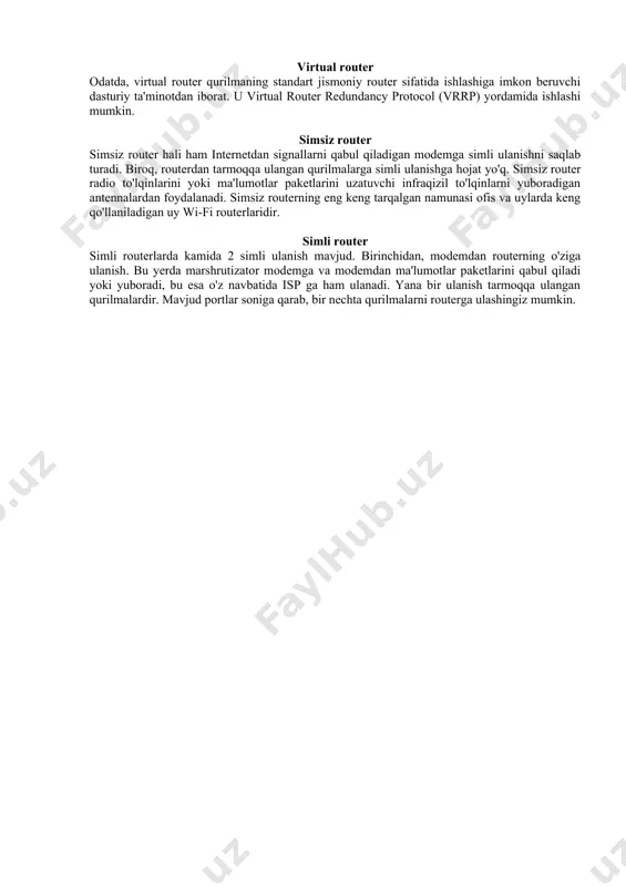 g protocol (eigrp) - kengaytirilgan ichki shlyuz marshrutlash protokoli (eigrp) igrp uchun yaxshilanishdir. bu asosan qo'shni marshrutizatorlar o'rtasida doimiy ma'lumotlar almashinuviga asoslangan, chunki har bir yo'riqnoma qo'shni marshrutlash jadvallarining nusxasiga ega. exterior gateway protocol (egp) - bu avtonom tarmoqlarda qo'shni routerlar o'rtasidagi aloqa uchun standartlar va ko'rsatmalar to'plami. u ko'pincha internet-routerlar tomonidan marshrutlash jadvallarini yangilash uchun ishlatiladi.[7] interior gateway routing protocol (igrp) - sanoatda keng qo'llaniladigan 2 ta asosiy igrp protokollaridan iborat:[8] eng qisqa yo'lni ochish (ospf) - bu protokol katta avtonom tarmoq ichida trafikni ko'chirish va ma'lumotlarni uzatish uchun mo'ljallangan. marshrutlash jadvalidagi har qanday o'zgarishlar yoki yangi ma'lumotlar avtomatik ravishda boshqa ospf tarmoq routerlariga tarqaladi.[9] ushbu tizim ma'lumotlarni uzatishning eng samarali yo'nalishini aniqlashni osonlashtiradi. routing information protocol (rip) - igp ning yana bir turi rip protokolidir. router marshrutlash jadvali ma'lumotlarini qo'shni marshrutizatorlarga 30 soniya oralig'ida tarqatadi.[10] bu avtomatik ravishda marshrutlash jadvallarini yangilab turadi. turlari barcha marshrutizatorlar internet va tarmoqqa …