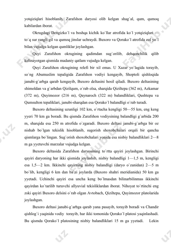 cha keng bo`lmasdan bilinarbilinmas ikkinchi qayirdan ko`tarilib turuvchi allyuvial tekisliklardan iborat. nihoyat to`rtinchi eng zski qayiri buxoro delsini o`rab olgan avtobach, qiziltepa, quyimozor platolarida joylashgan. buxoro deltasi janubi-g`arbga qarab yana pasayib, torayib boradi va chandir qishlog`i yaqinida vodiy torayib, har ikki tomonida qorako`l platosi yaqinlashadi. bu qismda qorako`l platosining nisbiy balandliklari 15 m ga yyetadi. lekin zarafshondaryosi bu platoni kesib, tog` (kengligi 0,5—1,0 km) qorako`l yo`lagini hosil qiladi. qorako`l yo`lagi o`z navbatida buxoro deltasini qorako`l deltasidan ajratib turadi. buxoro deltasining janubi-g`arbida og`or qishlog`i yonida zarafshon daryosining qadimiy quruq o`zani maxandaryo ajralib chiqib lukli ko`ligacha taxminan 80 km ga cho`zilgan. maxandaryo o`zanida bir qancha botiqlar joylashib, ular zovur suvlari bilan to`lib, chuqurko`l, maxanko`l, o`rtako`l va chandirko`l hosil bo`lgan. maxandaryo o`zanidan maxanko`l yonida gujayli o`zani ajralib chiqib, g`arbga qarab davom etadi va qorako`l platosini kesib o`tib, zamoybobo ko`ligacha davom etadi. hozir bu zski o`zanlar zovur vazifasini ham o`taydi. maxandaryo va gujayli o`zanlari …