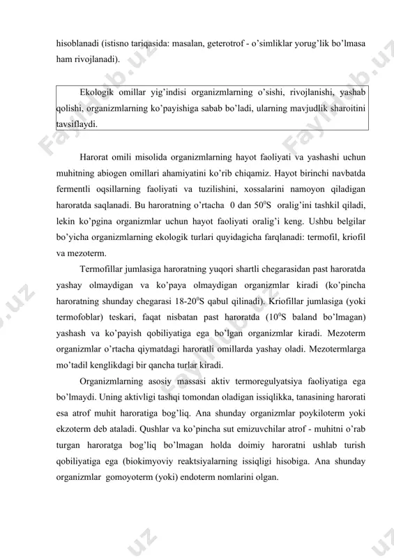 itizm bu har xil turdagi organizmlarning biotik aloqalar shakli bo’lib, unda bulardan bittasi boshqasining hisobiga, uning tanasi ichida (endoparazitizm) yoki tashqarisida (ektoparazitizm) yashaydi. parazit bilan organizm egasi orasidagi aloqaning uzoq davom etishiga bog’liq holda doimiy parazitizm yoki statsionar va vaqtinchalik parazitizimlarga ajratiladi. parazitizmning mezoni uning o’ziga xosligi hisoblanib, ya‘ni evolyutsion mexanizm moslashishi hisobiga kun kechiradi. raqobat – bu turlararo va turlar ichidagi shunday munosabatki, bunda populyatsiyalar (alohida tur) oziqlanish va yashash muhitining sharoitlari uchun bir-birlari bilan kurashadi. populyatsiyalar me‘yor chegarasigacha o’sganda ichki fiziologik mexanizmlar regulyatsiyasi harakatga keladi : alohida turlarning o’limi ko’payadi, nasldorligi kamayadi, ruhiy tanglik holati (stress) paydo bo’ladi (janjallar, kannibalizm va boshqalar). fe‘l-atvorli tartibga solish (hududiy va guruhli) muhim ahamiyat kasb etadi. hududiy fe‘l-atvorli tartibga solish ichki raqobat shaklini ifodalaydi, yashab turgan hududidan foydalanishni boshqarish, populyatsiyaning ko’payishini chegaralab turadi. guruhli fe‘l-atvorli tartibga solish turli yoshdagi alohida turlarning kichigidan – kattasiga qarab oziqalarini hal qilishni ifodalaydi. turlarning evolyutsiyasida raqobatli …