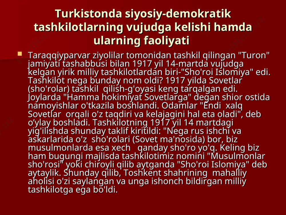 lar a’zo edi. qurultoy ishida muvaqqat hukumatning turk­iston qo‘mitasi rahbari n.shchepkin va qo'mita a’zolari a.davletshin, s.maqsudiy, m.tinishboyevlar ham ishtirok etdilar. qurultoy turkistonning bo’lajak davlat qurilishi masalalariga ham katta e’tibor berdi. munavvarqori abdurashidxonov, mustafo cho‘qayev va sadri maqsudiylar milliy-hududiy boshqarish g‘oyasi talabiga qarshi chiqdilar. ularning fikricha musulmonlar yer-suv ishlarini boshqarishni o‘zlari uddalay olmaydi. shu bois hozircha madaniy-ma’rifiy masalalardagina muxtoriyatga erishishning o‘zi yetarlidir. umuman ushbu masalada yakdillik bolmadi: turkiston, qirg‘iziston, kavkaz va qrim musulmonlari vakillari qurultoyda federativ jumhuriyat tarafdorlari bo’ldilar. shu boisdan ular o‘zlarini “federalistlar”[1] deb atadilar, volga bo‘yi musulmonlari vakillari esa unitar, ya’ni yagona bir butun qo‘shni respublika tarafdori boiganliklaridan ular tarixda “unitaristlar”[2] nomini oldilar. [1] federal – ayrim mustaqil davlatlarning birlashuvidan tashkil topgan yaxlit bir davlat. [2] unitar – faqat ma’muriy-hududiy qismlarga bo’linadigan yagona davlat tuzilmasi. qurultoy qatnashchilari demokratik va federativ tamoyillar asosida tayyorlanadigan rossiyaning bo’lajak konstitutsiyasida musulmonlar uchun teng huquqlar ishlab chiqishga chaqirdilar. mazkur konstitutsiyada barcha viloyatlar qatorida tur­kiston …