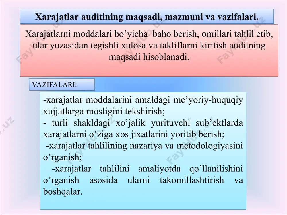 hi auditorlar ishlari sifati ustidan nazorat o’rnatishi; - auditorlik amallarini bajarish bilan bog’liq uslubiy masalalarni tushuntirish. mahsulot (ishlar, xizmatlar)ning ishlab chiqarish tannarxini hosil qiluvchi xarajatlar ularning iqtisodiy mazmuniga ko’ra: ishlab chiqarish moddiy xarajatlar; ishlab chiqarish xususiyatiga ega bo’lgan mehnatga haq to’lash xarajatlari; ishlab chiqarishga tegishli bo’lgan ijtimoiy sug’urtaga ajratmalar; asosiy fondlar va ishlab chiqarish ahamiyatiga ega bo’lgan nomoddiy aktivlar amortizatsiyasi; ishlab chiqarish ahamiyatiga ega bo’lgan boshqa xarajatlar. ishlab chiqarish xarajatlarining iqtisodiy elementlari va kalkulyatsiya moddalari bo’yicha turkumlanishi xarajatlarning iqtisodiy elementlari mahsulot tannarxini kalkulyatsion moddalari ishlab chiqarish xarakteridagi bevosita va bilvosita moddiy xarajatlar xom ashyo yoqilg’i elektr quvvati ehtiyot qismlar idishlar va hakozo ishlab chiqarish xarakteridagi bevosita va bilvosita mehnat haqi xarajatlari asosiy ish haqlari qo’shimcha ish haqlari ish haqiga ustamalar ishlab chiqarishga taalluqli mehnat haqidan ajratmalar ijtimoiy ta’minot bo’limiga mehnat birjasiga kasaba uyushmasiga asosiy vositalar va nomoddiy aktivlar amortizatsiyasi, eskirish xarajatlari asosiy vositalarning eskirishi nomoddiy aktivlarning eskirishi asosiy vosita va …