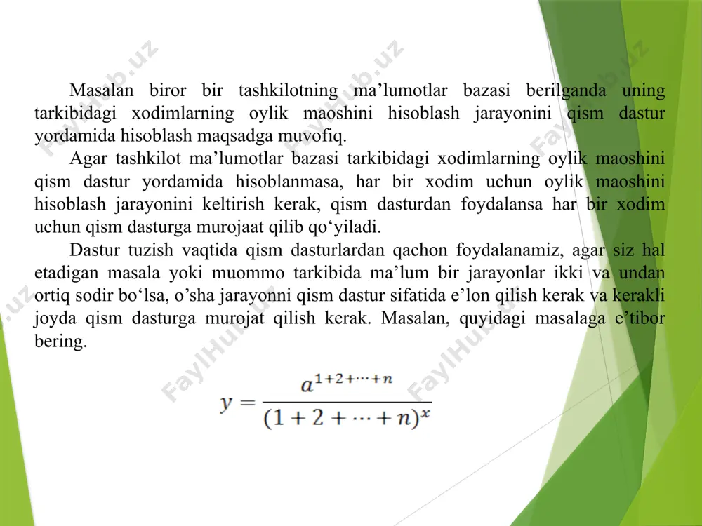 yalar yaratish ulardan dasturning ixtiyoriy joyida foydalanish uchun, albatta, funksiyalarni dastur tanasida e’lon qilish kerak. c++ dasturlash tilida funksiyalarni e’lon qilishning bir necha usullari mavjud. c++ dasturlash tilida main() asosiy funksiya tarkibida boshqa funksiyalardan foydalanish uchun, albatta, funksiyalar main() asosiy funksiyadan oldin e’lon qilinishi kerak. funksiyalarni e’lon qilish uning prototipi yoki signaturasi ham deyiladi. ta’rif: dastur tarkibidagi funksiyalarni main() funksiyasidan oldin dasturlash tilida yozilishi funksiyalarni e’lon qilish deyiladi. c++ dasturlash tilida funksiyalarni e’lon qilishning umumiy ko‘rinishi quyidagicha bo‘ladi: tur (tur ); funksiyani e’lon qilish jarayonida birinchi funksiya natijasining, ya’ni funksiya qaytaradigan turi keltiriladi, keyin funksiya nomi qavs ichida funksiya o‘zgaruvchilari turi va o‘zgaruvchilari keltiriladi. funksiya qaytaradigan turi argument bajarilgandan so‘ng hosil bo‘ladigan natija turi bilan ustma-ust tushishi kerak aks holda komplyator xato keltiradi. funksiya nomi funksiya bajaradigan vazifadan kelib chiqqan holda qo’yiladi, chunki dastur tuzuvchi mutaxassislar uchun umumiy holda tushunish oson bo‘lishi kerak. masalan, ketma-ketliklarni yig’indisini hisoblash funksiyasiga sum(), to‘rtinchi …