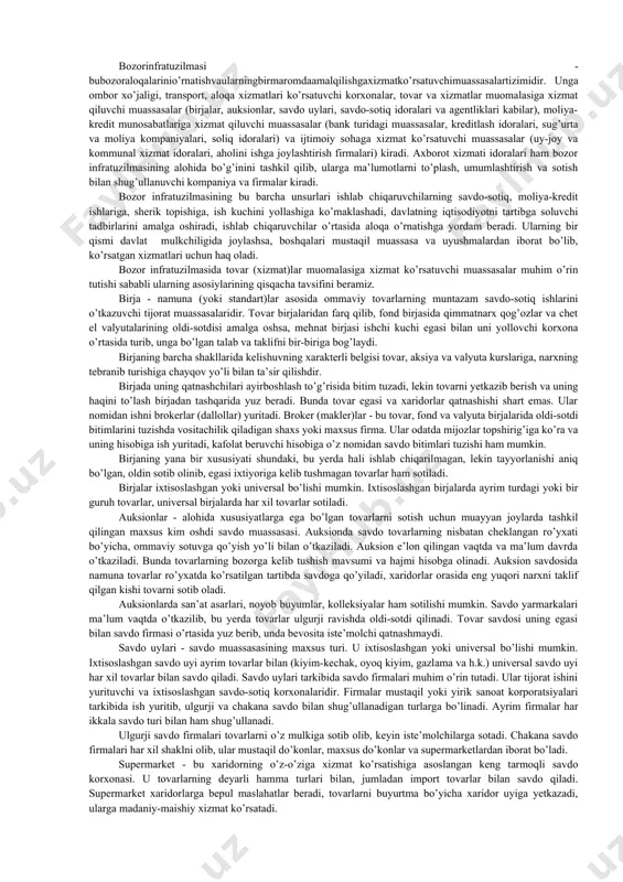 orlarning o’zaro kelishuvi, ekvivalentlilik prinsipi asosida ayirboshlash, sotuvchilarning xarajatlari qoplanib, foyda olishi va pul to’loviga qodir bo’lgan xaridorlarning talabini qondirish va raqobatchilikdan iboratdir. bozor iqtisodiyotiga o’tayotgan boshqa hamma mamlakatlardagi kabi bizning mamlakatimizda ham o’tish davri suronlarida ayrim adabiyotlarda bozor tushunchasiga yengil-elpi qarab uning almisoqdan qolgan eski, bir tomonlama, hozir ma’nosini yo’qotgan ta’rifini ko’rsatish hollari uchramoqda. turli mualliflar tomonidan yozilgan maqola va kitoblarda bozorga turlicha ta’rif berilib, u qizg’in munozaralarga sabab bo’lmoqda. ayrim mualliflar bozorni sotuvchi va xaridorlar tartibsiz to’planib, juft-juft, to’p-to’p, guruh-guruh bo’lib oldi-sotdi qiladigan joy deb hisoblasalar, ayrimlari uni kishilarga rizqu ro’z ulashadigan fayzu barakali, sirli dasturxon deb ataydilar.[footnoteref:2]1 [2: 1 alimov b., shodiyev m., rasulov т., «sharqona bozor fazilatlari». т. universitet, 1996 yil, 17-bet.] bozor tovarlarni ishlab chiqarish va ayirboshlash, pulning vujudga kelishi, ularning rivojlanishi natijasida kelib chiqqan tarixiy tushuncha bo’lib, hozirgi davrda keng tarqalgan ob’ektiv iqtisodiy jarayondir. bozor ishlab chiqaruvchilar va iste’molchilar, sotuvchilar va xaridorlar o’rtasida pul …