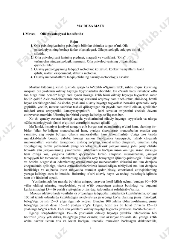 larida ko‘rib chiqaylik. ular 12—13 yoshlarda jinsiy (fiziologik) yetuklikka erishadilar (bu hakda keyinroq to‘xtalib o‘tamiz), biroq ular biror bir kasb-hunar egasi bo‘lib, mustaqil ishlab, o‘zini va oilasini iqtisodiy jihatdan ta’minlay oladigan bo‘lishi uchun, avvalo maktabni bitirishi, so‘ng u yoki bu kasb-hunar kolleji yoki akademik litseyda o‘qib, biror-bir kasbni egallashi kerak. buning uchun 9 yil maktabda, 3 yil kollej yoki litseyda o‘kishi zarur bo‘ladi. 12 yillik barcha uchun majburiy ta’limdan so‘ng yoshlarimizning ma’lum bir qismi o‘qishni oliy o‘quv yurtlarida davom ettiradi. bundan ko‘rinib turibdiki, yoshlarimizning iqtisodiy mustaqillikka erishishlari ularning ma’lum qismi uchun 20—21, boshqalari uchun 23—25 yoshga to‘g‘ri keladi. bundan tashqari odamlarning turmush tarzi rivojlanishi bilan birga oilalarining kundalik hayoti o‘zgarib, kiyinishga, maishiy buyumlarga, moddiy farovonlik darajasiga bo‘lgan ehtiyoji ham ortib boradi. jamiyatni ijtimoiy-iqtisodiy rivojlanishi shaxsni madaniy takomillashuviga, u esa shaxslarni bir-birlariga qo‘yadigan talablari oshishiga va shaxslararo munosabatni noziklashuviga olib keladi. fikrimizning dalili sifatida bir faktni keltirishimiz mumkin. ajralish foizi oliy …