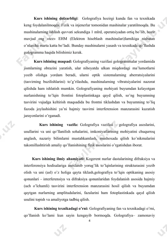 a va difraksiya bo’lmasa, golografik tasvir ham paydo bo’lmaydi. bu tasvir aniq ko’rinishi uchun esa, bizga lazer nuri kerak bo’ladi, bo’lmasa oddiy nurlar bilan golografik tasvir olish imkoni yo’q. kimyo fani esa, bizga golografik tasvirni qayd qilish imkonini beradi, bunda fotoplastinkalarda bo’ladigan kimyoviy jarayonlar muhim ahamiyatga ega. 1.golografiya haqida umumiy ma’lumot golografiya yunoncha so’z bo’lib, “golos”-“butkul, to’liq”, “butun”, “hamma” –to’lqinlar interferentsiyasidan foydalanib buyumning fazoviy (hajmiy) tasvirini hosil qilish usuli demakdir. bu bilan kashfiyotchi golografiyada to’lqin haqida to’liq (ham amplitudaviy, ham fazoviy) axborot qayd qilinishini ta’kidlab o’tgan. ob’ektlarning tasvirlarini ro’yxatga olishning eng ko’p tarqalgan va keng tarqalgan usuli fotografiyadir. fotografiyada obekt tasvirining ikki o’lchamli proeksiyasida yorug’lik to’lqinlari intensivligining surat tekisligida taqsimlanishi qayd etiladi. 1-rasm. biroq, ob’ektning hajmi haqidagi ma’lumotlar nafaqat amplitudada, balki qayd etilgan ob’ektning nuqtalaridan tarqalayotgan yorug’lik to’lqinlari fazasida ham singdiriladi. shuning uchun suratga qanday burchak bilan qarasak ham yangi burchaklarni ko’rmaymiz. fonda joylashgan va turganlarning oldida yashiringan narsalarni ham …