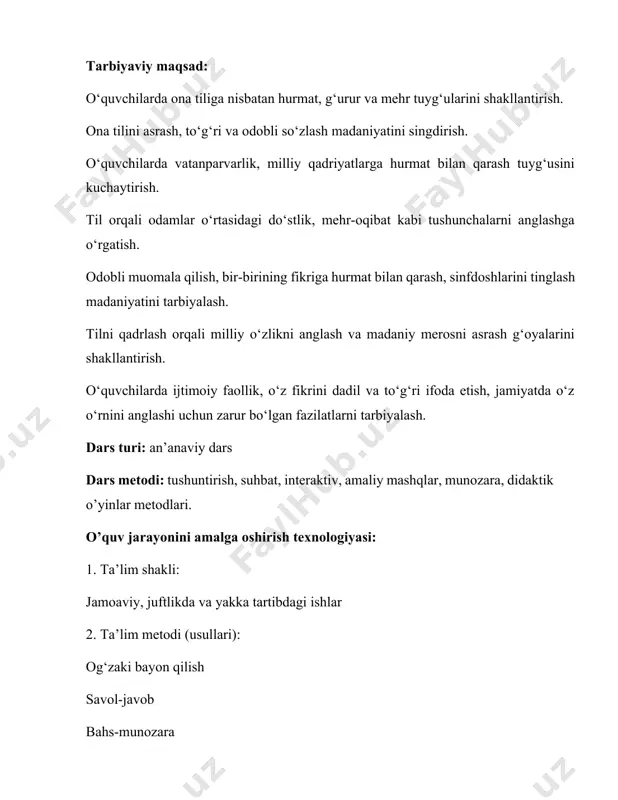 bolalar, til nima? — har kim o‘z tilini yaxshi ko‘radimi? ii. o‘tgan mavzuni mustahkamlash (5 daqiqa) (agar oldingi darsda o‘xshash mavzu o‘tilgan bo‘lsa) savol-javob: o‘tgan darsda qanday matn o‘qigandik? matn qahramoni kim edi? nima xulosa chiqarilgandi? iii. yangi mavzuni bayon qilish (15–20 daqiqa) mavzu: “tilga bo‘lgan hurmat” 1. matnni ifodali o‘qib berish (o‘qituvchi tomonidan). 2. o‘quvchilar bilan matn mazmuni ustida suhbat: matnda qanday voqea tasvirlangan? qahramon tilga qanday munosabatda bo‘lgan? siz qanday fikrdasiz? 3. o‘quvchilar tomonidan o‘qish: navbatma-navbat ifodali o‘qitish. to‘xtab, savollar berish (tushunish uchun). iv. mustahkamlash (10 daqiqa) interfaol metodlar orqali: “fikr zanjiri” usuli: har bir o‘quvchi til haqida bitta gap aytadi. “to‘g‘ri – noto‘g‘ri” usuli: til bu faqat yozish vositasi. (noto‘g‘ri) ona tilimizga hurmatli bo‘lishimiz kerak. (to‘g‘ri) matn asosida savol-javob, kichik test yoki kartochkali topshiriqlar. v. yakuniy qism (5 daqiqa) o‘quvchilar faoliyati tahlili. faol qatnashgan o‘quvchilarni rag‘batlantirish. dars bo‘yicha xulosa: bugun nimalarni o‘rgandik? tilga qanday munosabatda bo‘lish kerak? …