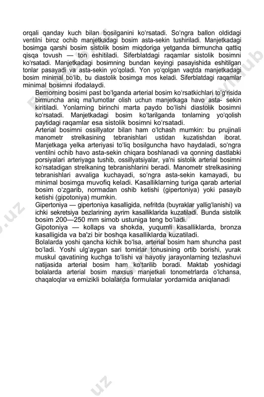 oydalanilmoqda prujinali manometri bo‘lgan apparatlar — tonometrlar deyiladi. bunda arterial bosim prujina qarshiligi kuchi bilan o‘lchanib, bu kuch millimetrli bo‘linmalari bo‘lgan siferblat bo‘ylab harakatlanadigan strelkalarga o‘tadi. apparat prujinali manometr, manjetka, nokcha-ballon va asbob qismlarini o‘zaro tutashtiradigan rezina naychalar tizimidan iborat. arterial bosim bilvosita usul (korotkov usuli) bilan o‘lchanadi. bu usul manjetkadagi havo bosimini asta-sekin pasaytirishga va bu bosim darajasini korotkov tonlari paydo bo‘lgan va yo‘qolgan paytlarda qayd qilishga asoslangan. arterial bosim ma'lum soatlarda yaxshisi ertalab, tushki ovqatgacha, muayyan tana vaziyatida, imkon boricha bir xil o‘rtacha havo haroratida va normal atmosfera bosimida o‘lchanadi. agar bemor charchagan yoki qo‘zg‘algan holda bo‘lsa, bosimni o‘lchamaslik lozim. arterial bosimni yelka arteriyasida o‘lchash usuli. arterial bosimni o‘lchash vaqtida tekshirilayotgan odam tinch o‘tirishi yoki yotishi, gaplashmasligi va o‘lchashni kuzatib turmasligi kerak. bemorning qo‘liga tirsak bo‘g‘imidan ikki-uch santimetr yuqoriga manjetkani siqmasdan, u bilan teri orasida faqat bitta barmoq sig‘adigan joy qoldirib o‘raladi va mahkamlanadi. yekshirilayotgan kishining qo‘lini qulay …