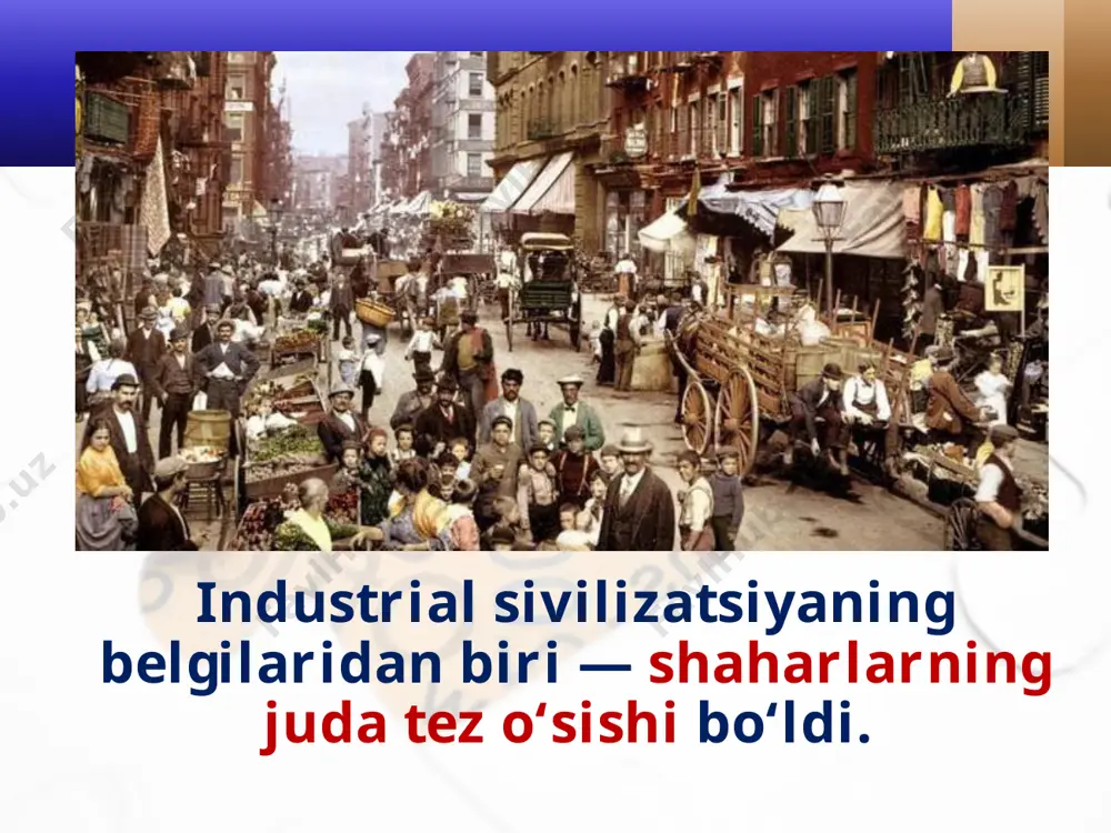 shchilar umumiy sonidan 70—75, kemasozlikda esa 50—60 foizini tashkil qilardi. savol va topshiriqlar 1. industrial sivilizatsiya qay tariqa qaror topdi? 2. industrial sivilizatsiya natijasida shaharlar hayotida qanday o‘zgarishlar yuz berdi? 3. siz xix asr oxiri — xx asr boshlaridagi urbanizatsiya va migratsiya hodisalarini qanday izohlaysiz? 4. aholining o‘rta qatlamini kimlar tashkil etadi? o‘rta qatlamning ko‘payishi jamiyat hayotida qanday ahamiyatga ega? 5. xix asr oxiri — xx asr boshlaridagi vatanimiz tarixini g‘arbiy yevropa va aqsh tarixi bilan taqqoslang. 6. bugungi kunda xalqaro huquqda bolalar mehnatiga necha yoshdan ruxsat berilishini aniqlang. image2.jpg image3.jpeg image4.jpeg image5.jpeg image6.jpeg image7.jpeg image8.jpeg image9.jpeg image10.jpg image11.jpeg image12.jpeg image13.jpeg image14.jpeg image15.jpeg image16.jpeg image17.jpeg image18.jpeg image1.jpg hu024505 /docprops/thumbnail.jpeg