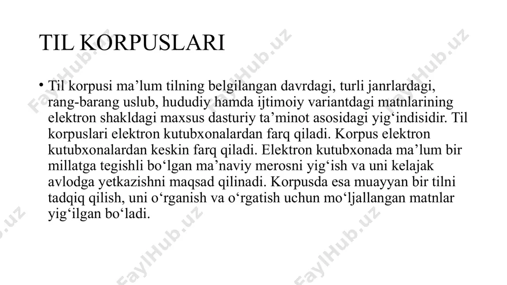 illiy korpusdagi matnlar barchasi segmentlangan bo‘lib, gaplardagi so‘zlar grammatik tahlil qilingan. bundan tashqari, kiritilgan matnalar uchta asosiy mezon bo‘yicha tahrirlangan: matn yozilgan vaqti, hududi va uning nashriyoti. chex milliy korpusi yana bir mahshur korpuslardan biri bu chex milliy korpusi(český národní korpus). u zamonaviy chex tilida bo‘lib, sinxron morfologik, razmetkalangan korpus. chnk instituti 1994-yilda chexiya ta’lim vazirligi yordamida praga universitetida turli grantlar e’lon qilinishi va homiylar ko‘magida yaratilgan. chex tilining birinchi korpusi 1999-yilda yaratilgan va unga 1990-1999-yillar orlig’idagi matnlar va 1950-yilgacha bo‘lgan adabiyot materiallari kiritilgan. coca http://corpus.byu.edu/coca zamonaviy amerika ingliz tili korpusi (coca) foydalanish bepul bo‘lgan ingliz tilidagi eng katta korpusdir. http://corpus.byu.edu/coca sayti orqali foydalanish mumkin. bu korpus 2008-yilda m.devis tomonidan brigham young universitetida yaratilgan. 2019-yil statistikasiga ko‘ra coca hajmi 1990-yildan 2017-yilgacha mavjud bo‘lgan matnlardan olingan bo‘lib, unda og'zaki uslubdagi suhbatlar, badiiy adabiyot, ommabop jurnallar, gazetalar va ilmiy adabiyotlardan foydalangan holda 560 million so‘zni tashkil etdi. har ikki yilda qaytadan ko‘rib …