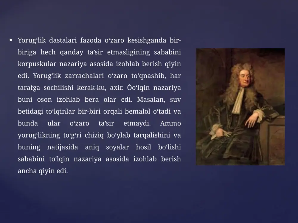 r yordamida aniqlanadi: nurlar to‘lqin energiyasining tarqalish yo‘nalishini ko‘rsatadi. yorug‘- likning tarqalishi yorug‘lik to‘lqinlari energiyasining ko‘chishidan iboratdir. agar quyosh nurini darchadagi kichik dumaloq teshik orqali o‘tkazib, chetdan turib qarasak, havoda ingichka yorug‘lik dastasini ko‘ramiz — bu yorug‘lik shu’lasidir. yorug‘lik nuri geometrik tushunchadir. shunday qilib, yo‘nalishlari fazoning ixtiyoriy nuqtasida yorug‘lik energiyasining ko‘chish yo‘nalishi bilan ustma-ust tushgan geometrik chiziq yorug‘lik nuri yorug‘lik nuri deyiladi. kuzatishlar, bir jinsli muhitda yorug‘likning to‘g‘ri chiziq bo‘ylab tarqalishini ko‘rsatadi. yorug‘likning to‘g‘ri chiziq bo‘ylab tarqalishiga nuqtaviy manbadan kelayotgan yorug‘lik yo‘liga qo‘yilgan buyumlar soyasining hosil bo‘lishi yoki nuqtaviy bo‘lmagan manbadan kelayotgan yorug‘lik yo‘liga qo‘yilgan buyumlarning soya va yarim soyalarining hosil bo‘lishi dalil bo‘la www.ziyouz.com kutubxonasi 8 oladi. masalan, s nuqtaviy manbadan kelayotgan yorug‘lik nuri yo‘liga b jismni qo‘yaylik. yorug‘lik to‘g‘ri chiziq bo‘ylab tarqalgani uchun b jism yorug‘lik nurini to‘sib qoladi. natijada bu jism orqasida kesik konus shaklida soya hosil bo‘ladi bu konus ichidagi biror nuqtaga ham s manbadan kelayotgan …