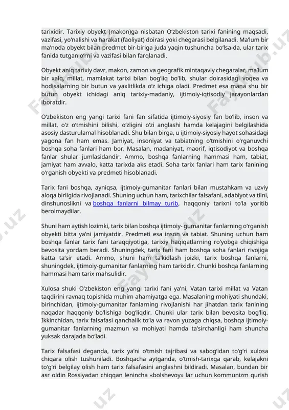 onning eng yangi tarixi fani boshqa ijtimoiy fanlarga nisbatan aniq fan. u matematika usulidan keng foydalanadi. tarixiy voqea va hodisalar qat’iy aniqlikda, davriy ketma-ketlik-xronologik asosda o‘rganiladi. shuningdek, tarixiy voqea va hodisalar, hujjat va dalillarning haqiqiy va haqiqiy emasligi, ular qachon, qayerda, qanday tarixiy muhit va sharoitlarda tarixan voqe bo‘lganligi aniqlanadi. va nihoyat, bo‘lib o‘tgan voqeliklarning aniq sabab va oqibatlari, shu bilan birga, ularning aniq shakl-shamoyillari va holati aniqlanadi. uchinchidan, o‘zbekistonning eng yangi tarixi fani o‘tmishdagi iqtisodiy-ijtimoiy hayotning ahvoli, rivojlanishi va tanazzulining sabab hamda oqibatlarini o‘rganadi, ulardan kelajak uchun saboq va xulosa chiqaradi. bu esa kelajak avlodlar uchun dasturulamal bo‘ladi. to‘rtinchidan, o‘zbekistonning eng yangi tarixi fani ko‘p qirralik va xilma-xillik xususiyatiga ega. u jamiyat taraqqiyoti va inqirozlarining faqat bir tomoninigina emas, balki jamiyatning hamma tomonlarini uzviy o‘zaro bog‘liqlikda, bir butunlikda o‘rganadi. o‘zbekistonning eng yangi tarixi fani, o‘zbekistonning o‘tmishidagi va hozirgi hududida eng qadimgi davrlardan to hozirgacha kechgan voqeliklar, insoniyat hayoti, tabiat …