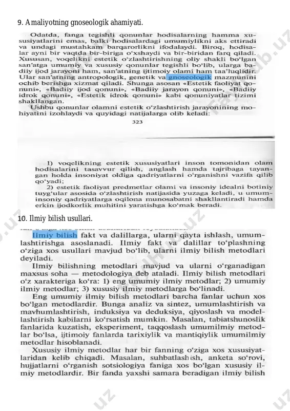 am abu hanifa, imom moturudiy va burxoniddin almarg‘inoniy qarashlari: “al–hidoya” asari. 136. nemis milliy falsafasi, uning tarixiy ildizlari. v.gegel–nemis falsafasining yirik namoyondasi. feyerbax falsafasi. 137. ob’ektiv va sub’ektiv borliq tushunchalari. borliqning anorganik, organik va ijtimoiy shakllari. mikrodunyo, makrodunyo, megadunyo va ularning namoyon bo‘lish hususiyatlari. 138. olamning mavjudligi – miqdor va sifat voqeligi tarzida. miqdor va sifat tushunchalari. me’yor kategoriyasi. me’yorning saqlanish qonuni. me’yorning buzulishi va yangi sifatga o‘tishi. taraqqiyotning tadrijiy o‘zgarish usuli va uning hozirgi o‘zbekistonda namoyon bo‘lish xususiyatlari. 139. tushuncha, hukm, xulosa chiqarish tafakkur shakllari sifatida yoshlarda to‘g‘ri fikrlash qobiliyatini, fikrni erkin bayon eta olish ko‘nikmalarini shakllantirish mezoni ekanligi. 140. iqtisod va ma’naviyat. iqtisodiy rivojlanishning ma’naviy taraqqiyotga bog‘liqligi. iqtisodiy boshqarish va mafkuraviy jarayonlar. 141. qadriyat kategoriyasi, uning mohiyati va mazmuni. qadriyatlar tizimi. qadriyatlarning namoyon bo‘lish shakllari va ularning asosiy xususiyatlari, qadrlash va baho, ularning o‘zaro aloqasi 142. jamiyat hayotida barqarorlik va beqarorlik. barqaror rivojlanish-tinchlik va tadrijiy taraqqiyot garovi. insoniyatning …