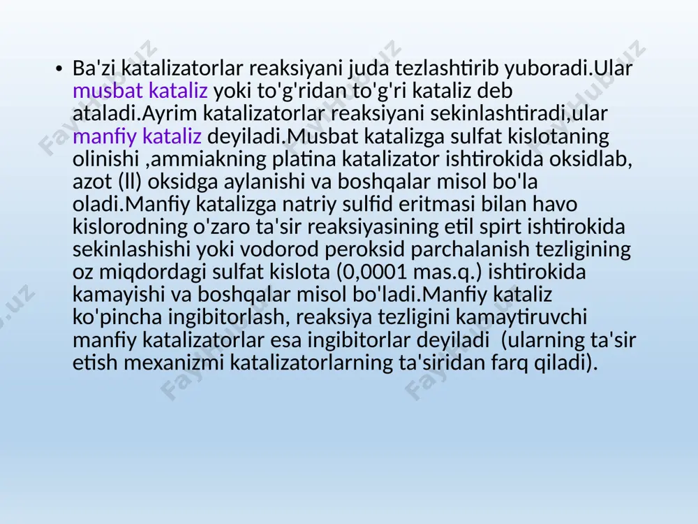 ida maʼlum geometrik muvofiqlik (moslashuv) bo'lishi kerak.masalan:vodorod molekulasini deformatsiyalanishi yoki dissotsiyalanishi uchun h-h atomlar ikki aktiv markazga tortilishi, buning uchun esa aktiv markazlar orasidagi masofa h-h bog' uzunligiga taxminan teng bo'lishi kerak.agar shunday bo'lmasa, vodorod atomlari ikki aktiv markaz ta'sirida bo'lmaydi. ayrim misollarni koʻrib chiqamiz.etil spirti, bu nazariyaga muvofiq dublet orqali degidrogenlanadi.katalizatorning ma'lum aktiv markazlariga vodorod ionlari,boshqa xil katalizator markazlariga, c va o atomlari,tortiladi. buning natijasida c-h va o-h bog'lar uzilib,h-h va c-o bog'lar hosil bo'ladi, oxirgi maxsulot esa,sirka aldegidi va vodorod bo'ladi. agar atomlar oraliqidagi masofa dubletlari boshqacha bo'lsa,unda h va o atomlari katalizatorning bir aktiv markaziga, c atomlari -boshqasiga tortiladi, oqibatda etilen va suv hosil boʻladi. foydalanilgan adabiyotlar: s.masharipov, i.tirkashev g.p.xomchenko,i.g. xomchenko internet saytlaridan: www.google.uz www.ziyonet.uz www.gov.uz image1.jpeg image2.jpeg image3.jpeg