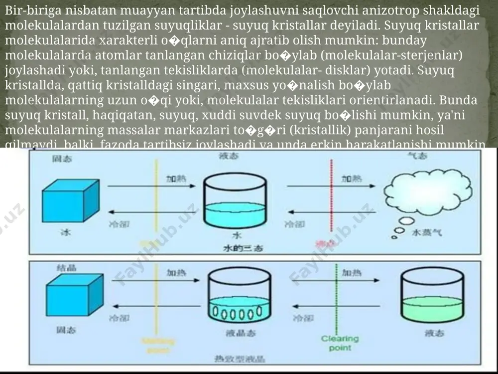 , ko'pchilik moddalar qattiq eriydi yoki suyuqlik soviganida bu suyuq kristalli fazalardan faqat bittasini hosil qiladi. anizotropik tuzilmalari tufayli suyuq kristallar odatiy bo'lmagan optik va elektr xususiyatlarga ega. molekulalararo kuchlar juda zaif va qo'llanilishi mumkin bo'lgan elektr maydoni tomonidan tashvishlana olishi mumkin. molekulalar polar bo'lganligi sababli, ular elektr maydon bilan o'zaro bog'lanib, bu ularning yo'nalishini biroz o'zgartirishi mumkin. misol uchun, nematik suyuq kristallari nisbiy yarmiga ega, biroq ularning ko'pchiligi elektr maydoni qo'llanilganda va molekulyar orientatsiya o'zgarsa shaffof bo'ladilar. bunday xatti-harakatlar qorong'u tasvirlarni yorug'lik yoki opasent fonda ishlab chiqarish uchun idealdir va lcd displeyda raqamli soatlarda ishlatiladi; al kompyuterlari; tekis ekran monitorlari; va avtomobil, kemalar va samolyot asbob-uskunalari. garchi har bir qo'llanmani qurish va ishlatish tafsilotlari bilan farq qilsa-da, asosiy printsiplar, xuddi shunday shakl molekulyar yo'nalishda haroratga bog'liq bo'lgan o'zgarishlar o'zgarmaydigan yorug'lik to'lqinining o'zgarishiga olib keladi. yansıtılan yorug'likdagi o'zgarishlar, bir xil suyuq kristalli material yoki aralashmalar yordamida tayyorlangan rang o'zgarishini keltirib …